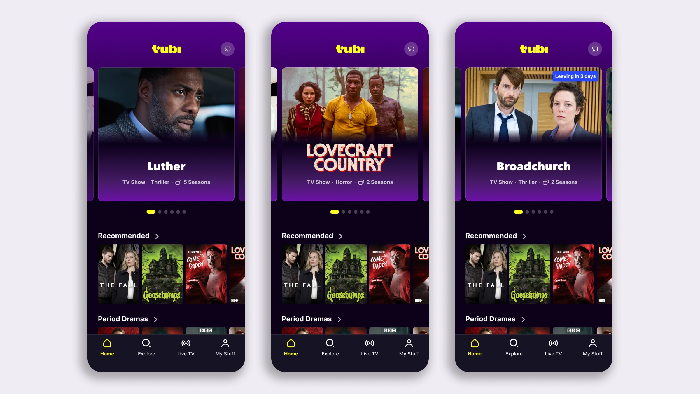 Three home screens showing hero designs for a TV series, custom title art, and a "leaving soon" badge