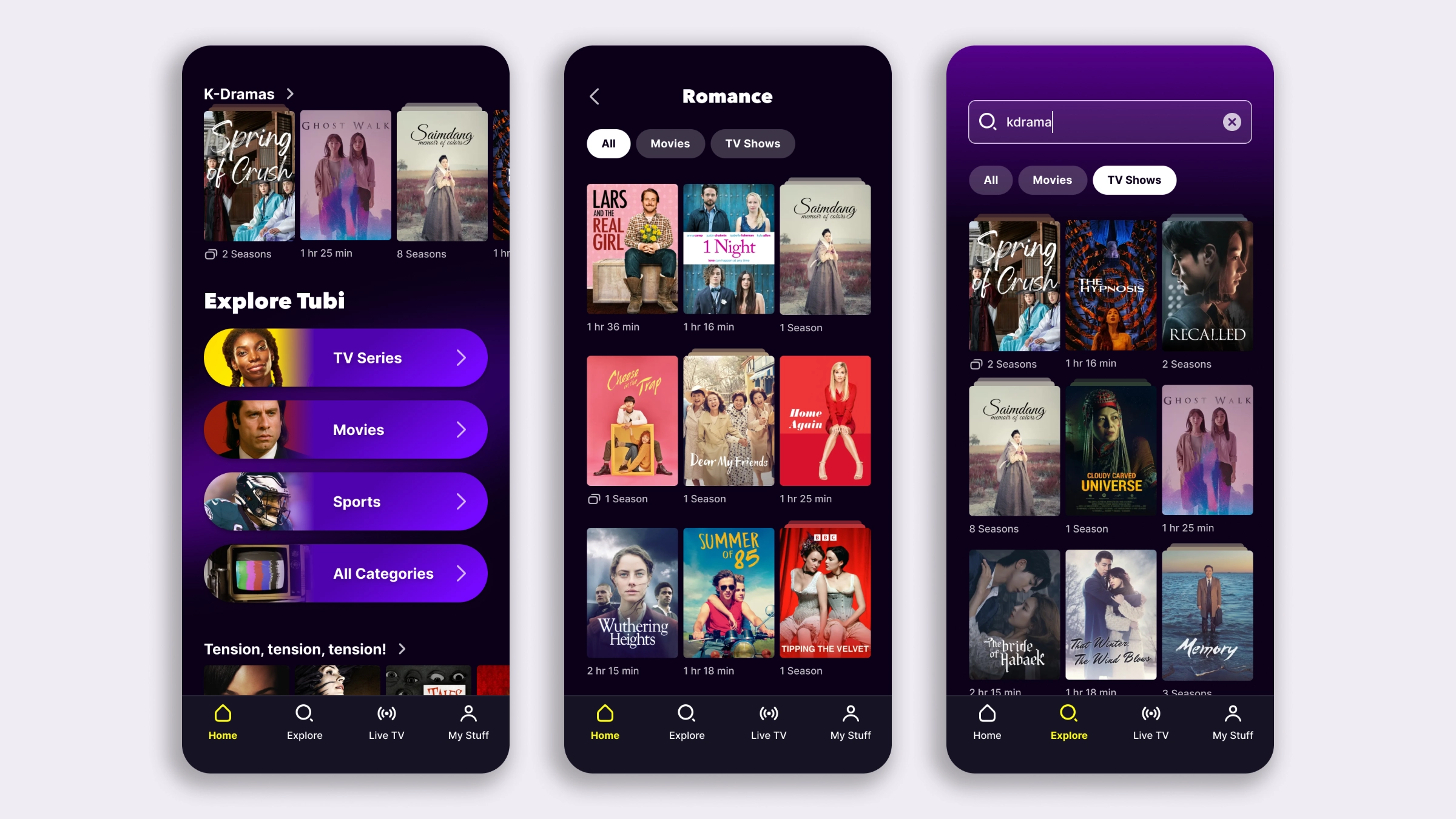 Three screens showing an explore pattern on the home, a new visual treatment for TV series, and a search result grid with content type filters