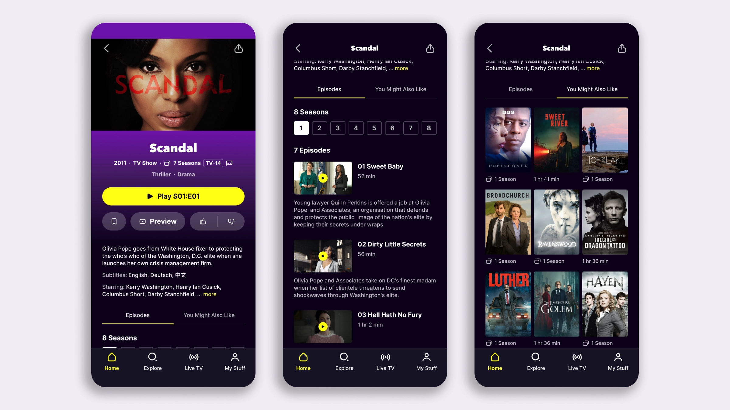 Three screens showing the title details page with a redesigned video preview, the episode list, and a grid of related titles