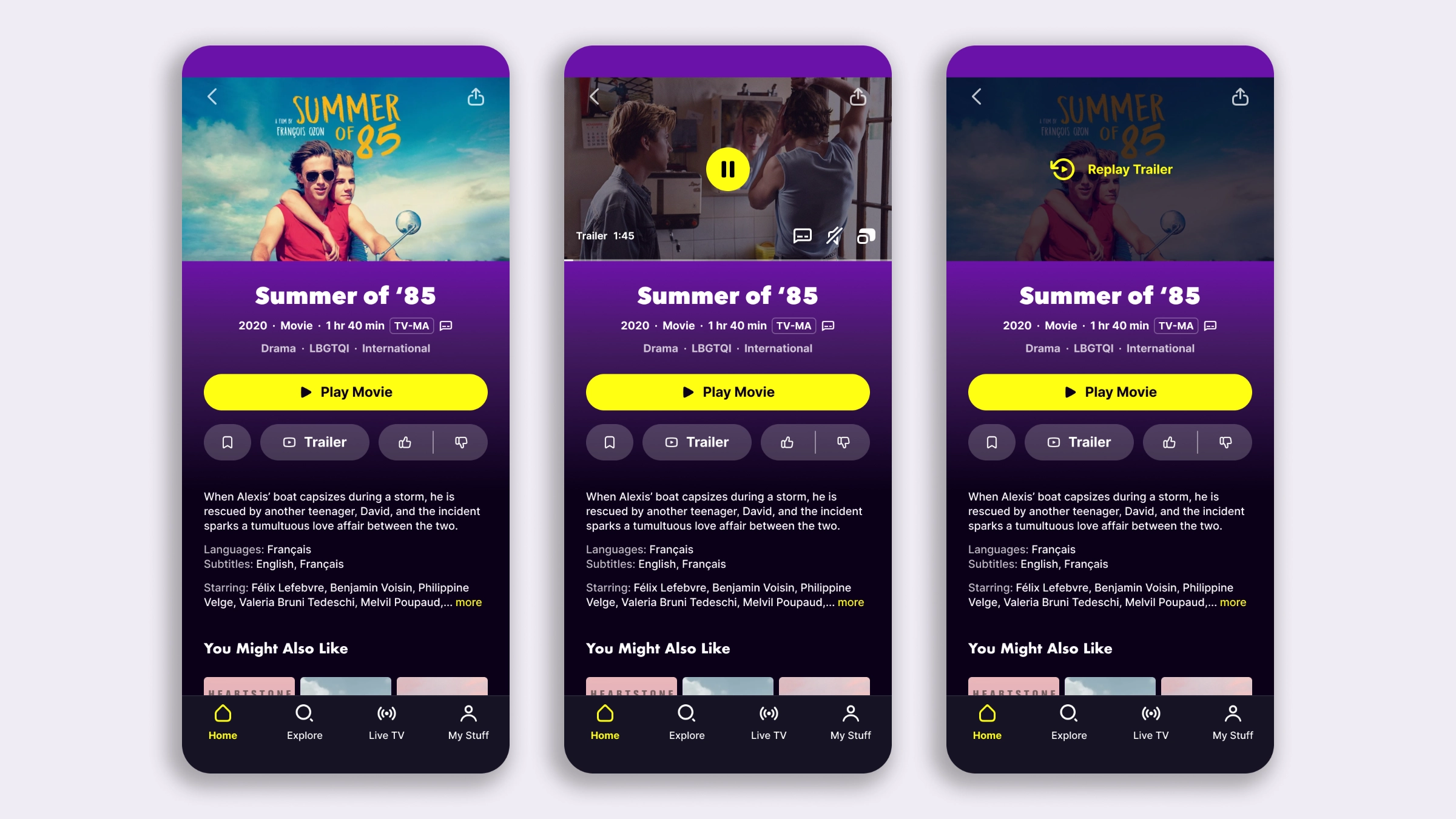 Three screens showing the title details redesign for a movie, with its video preview states