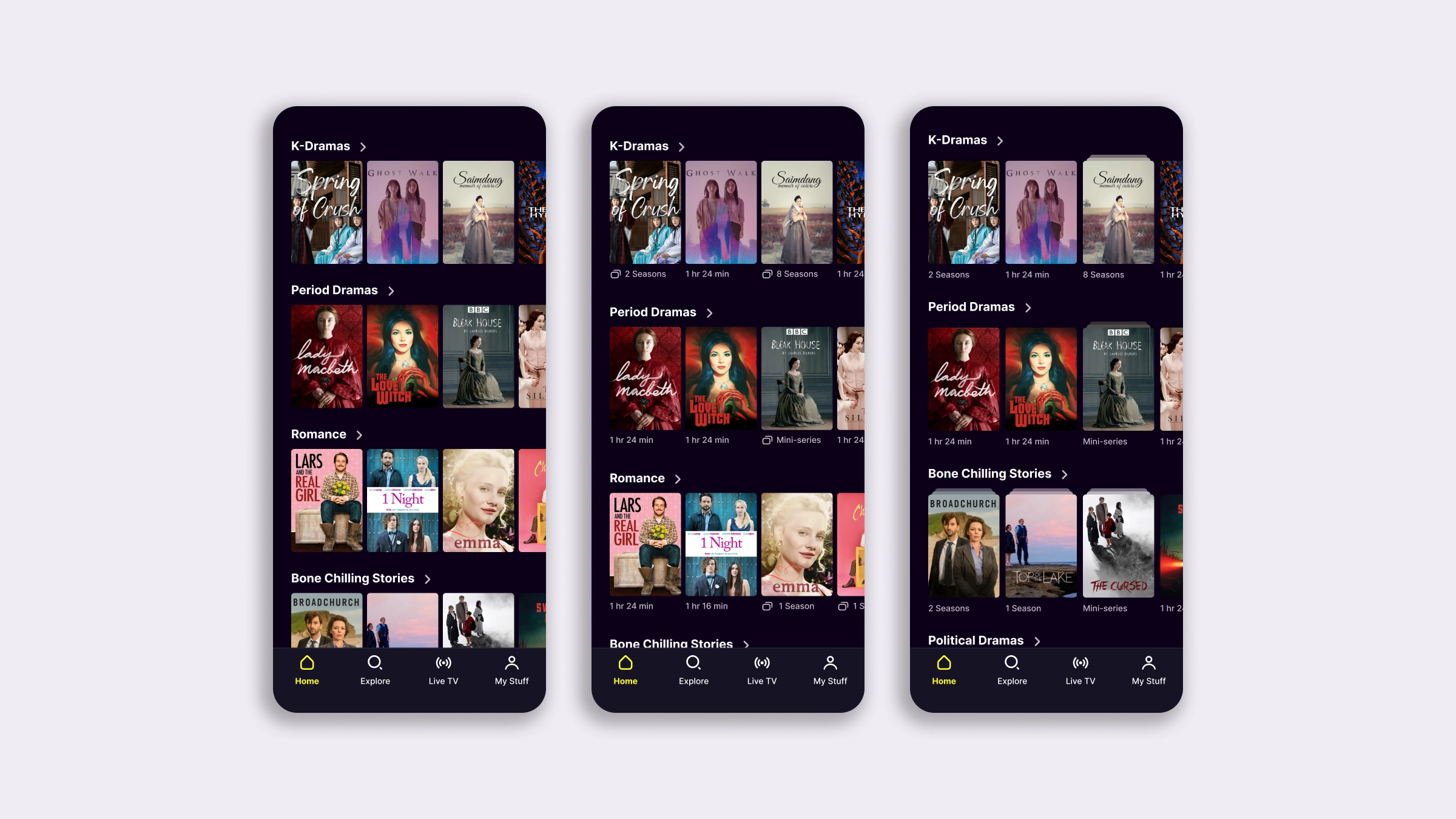 Three mobile screens showing the original UI for the carousels and two alternative visual treatments