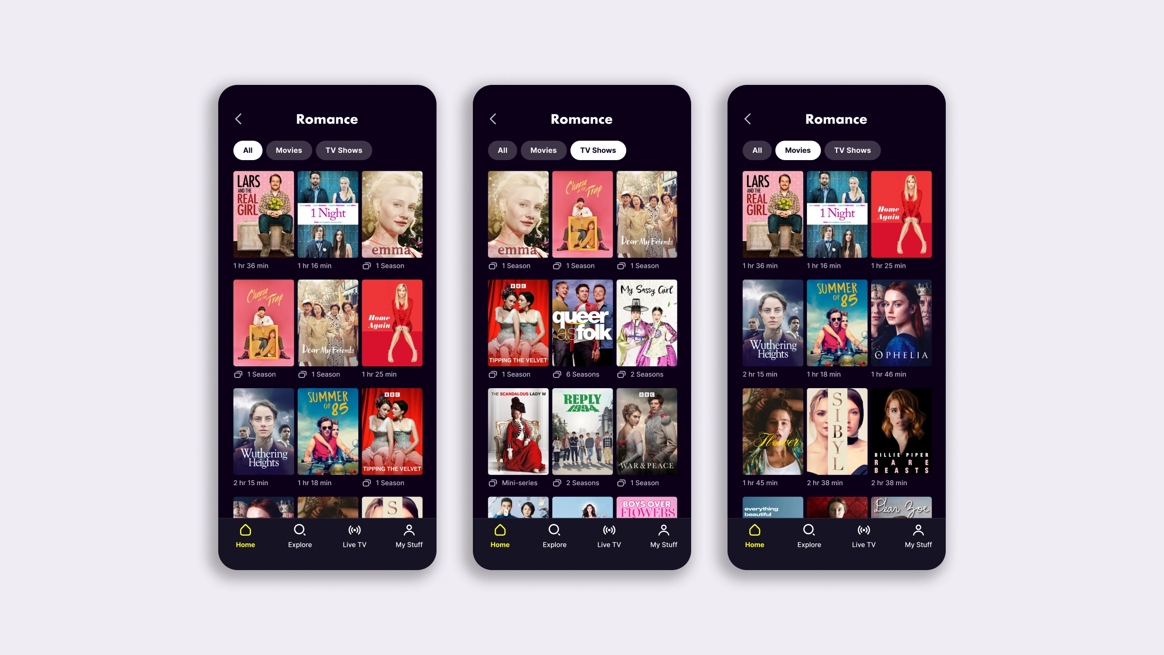 Three mobile screens with a grid container showing pill filters selecting All, then Movies, then TV Series