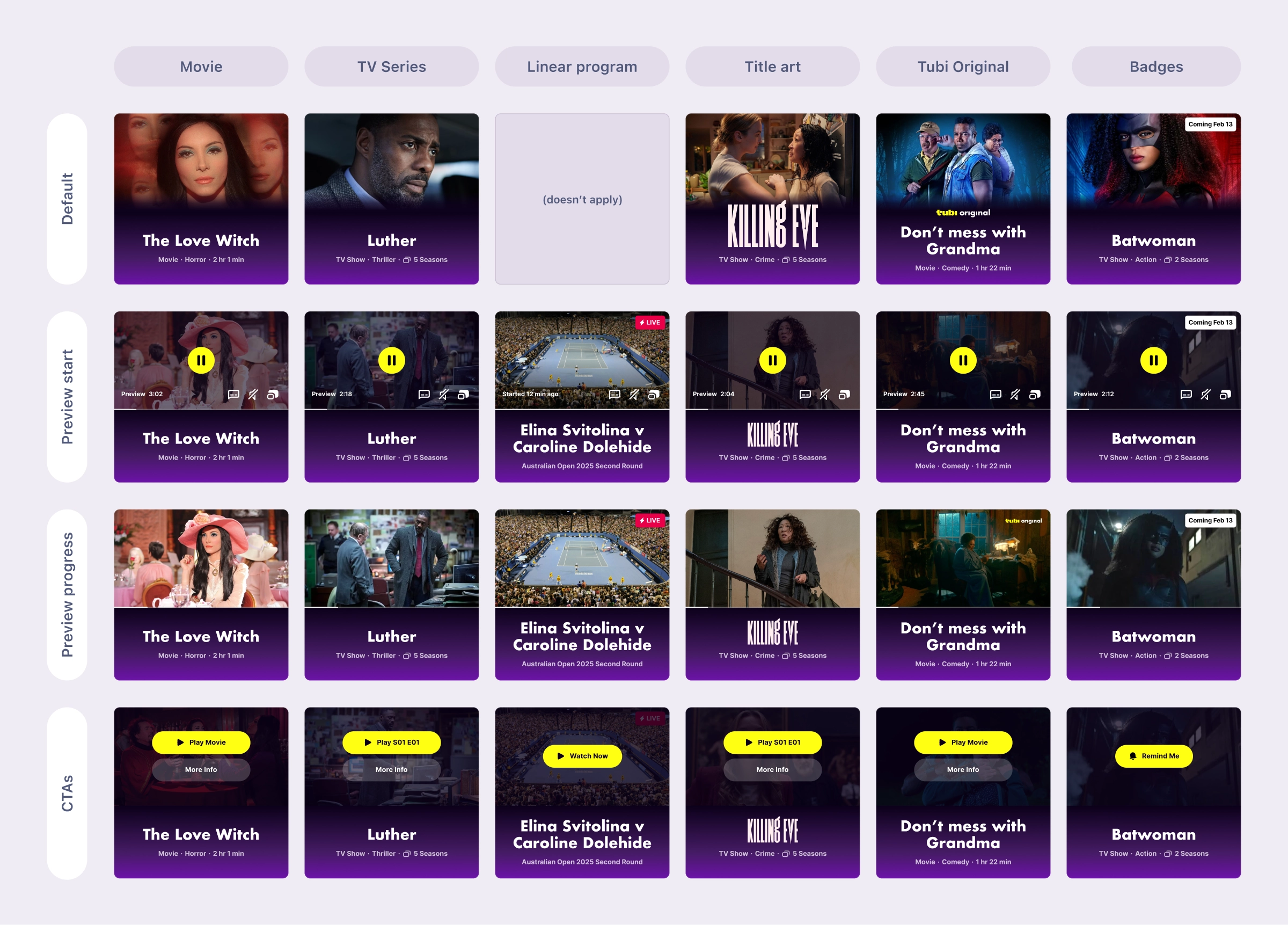 A grid of hero cards and their variations, with columns representing the type, Movie, TV Series, Linear program, Title art, Tub Original, Badges, and the rows representing the states, Default, Preview starts, Preview progress, Call to actions