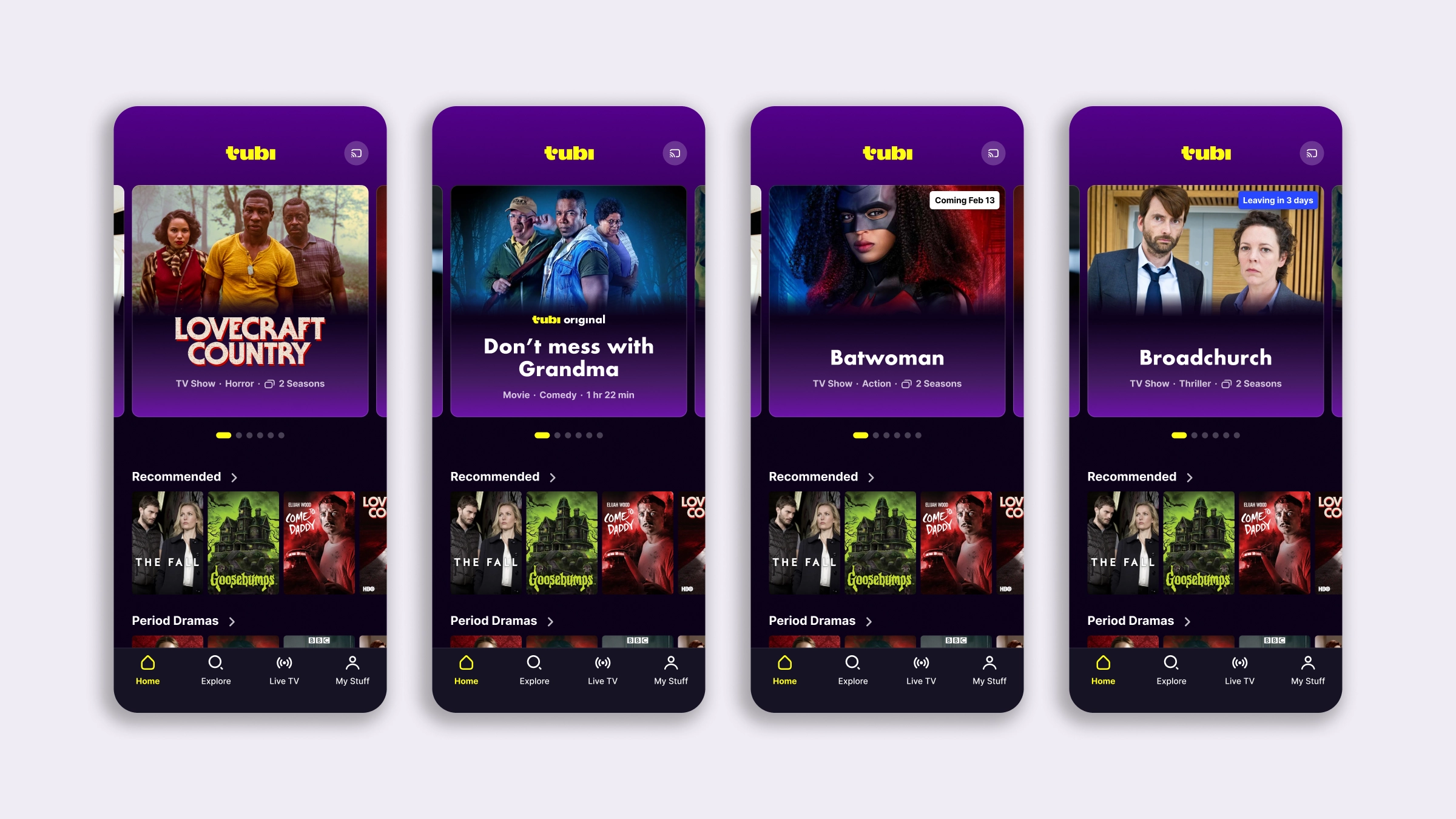 Four mobile home screens showing variations for the hero card layout