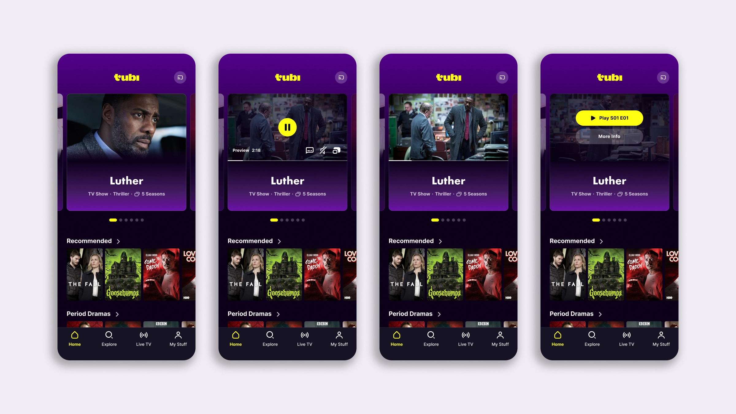 Four mobile home screens showing the hero card states for previews