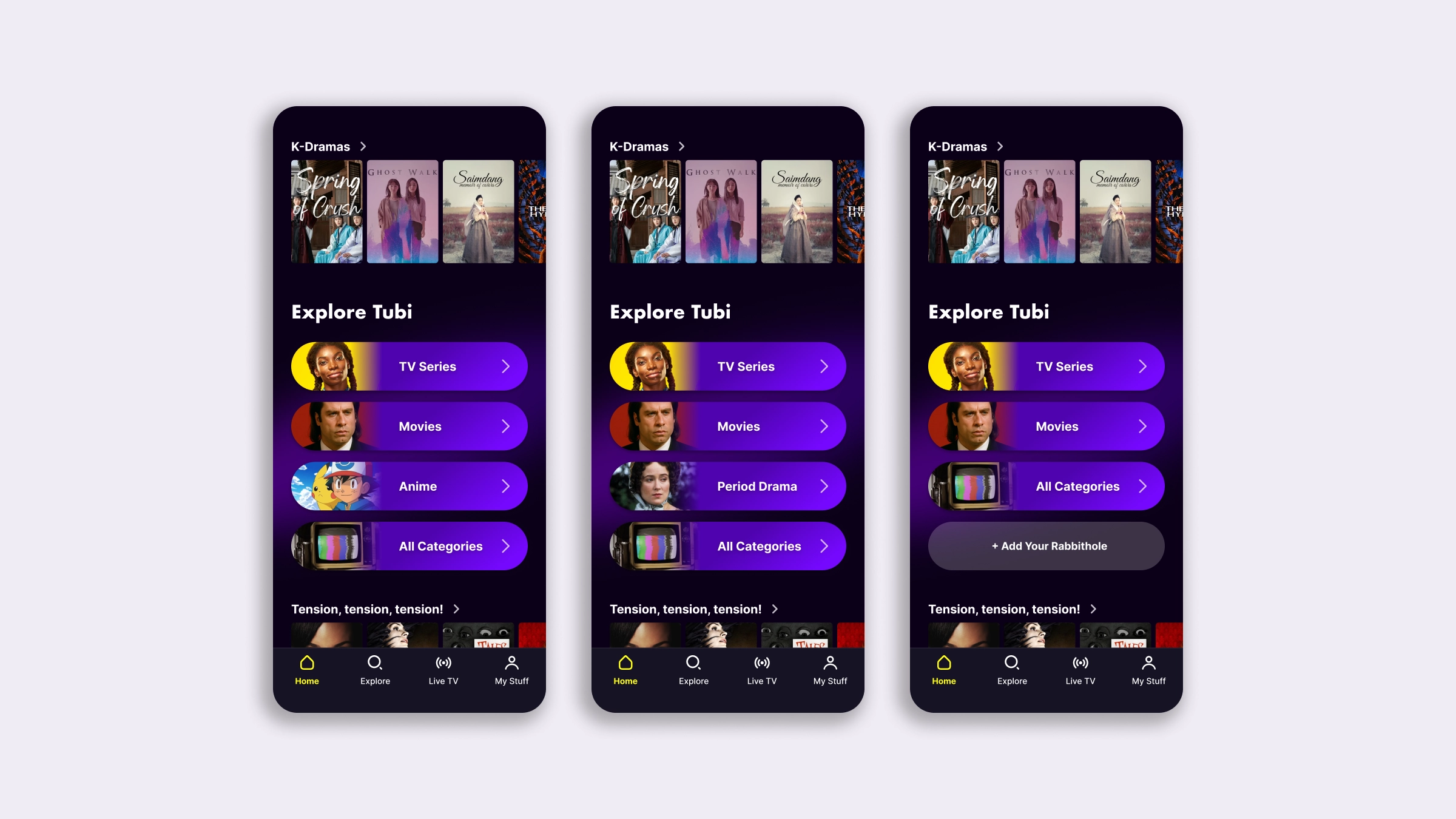 Three mobile home screens showing a component named Explore Tubi with four big buttons leading to different content types containers