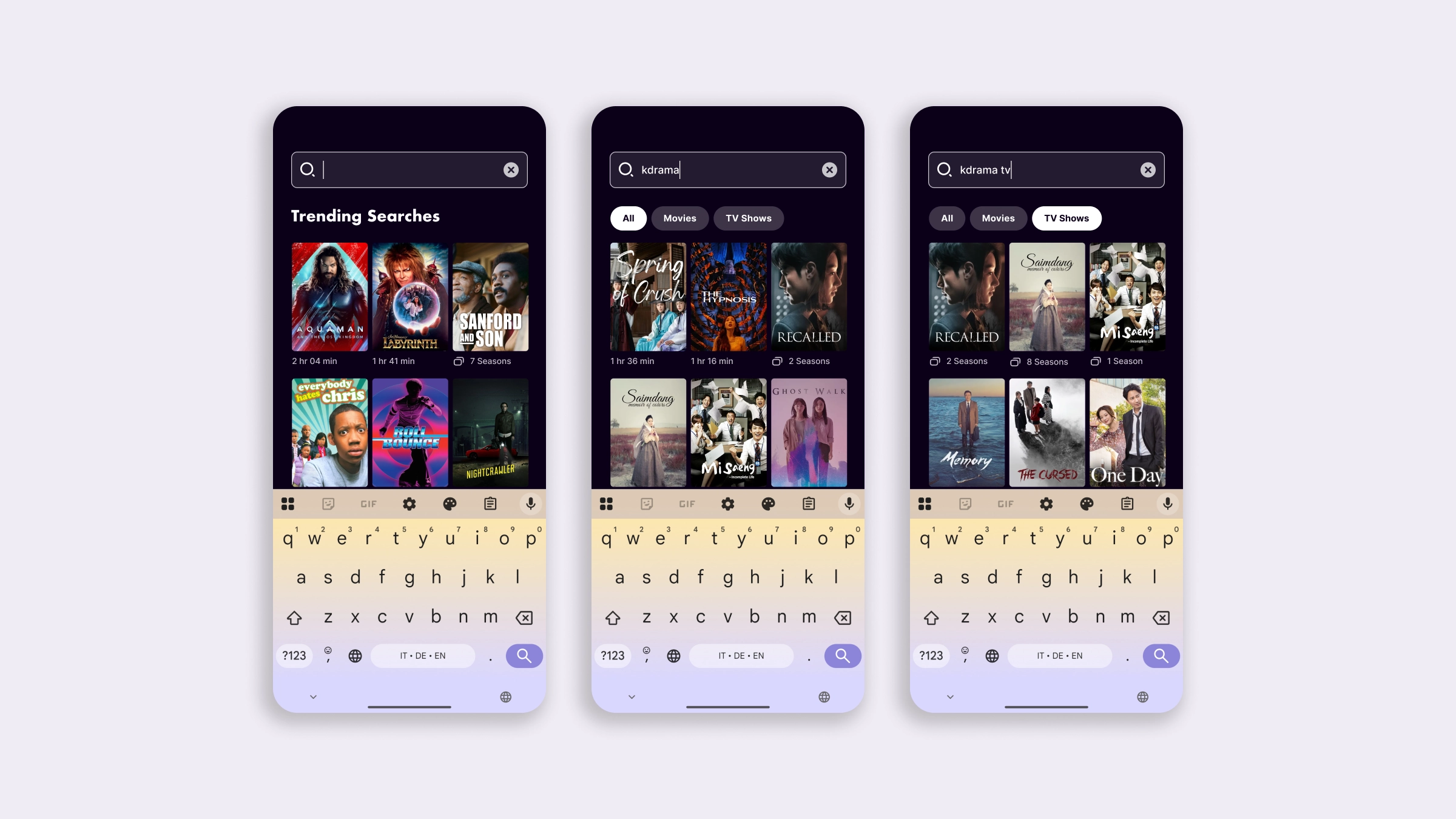 Three mobile screens showing what happens when typing k-drama, then k-drama