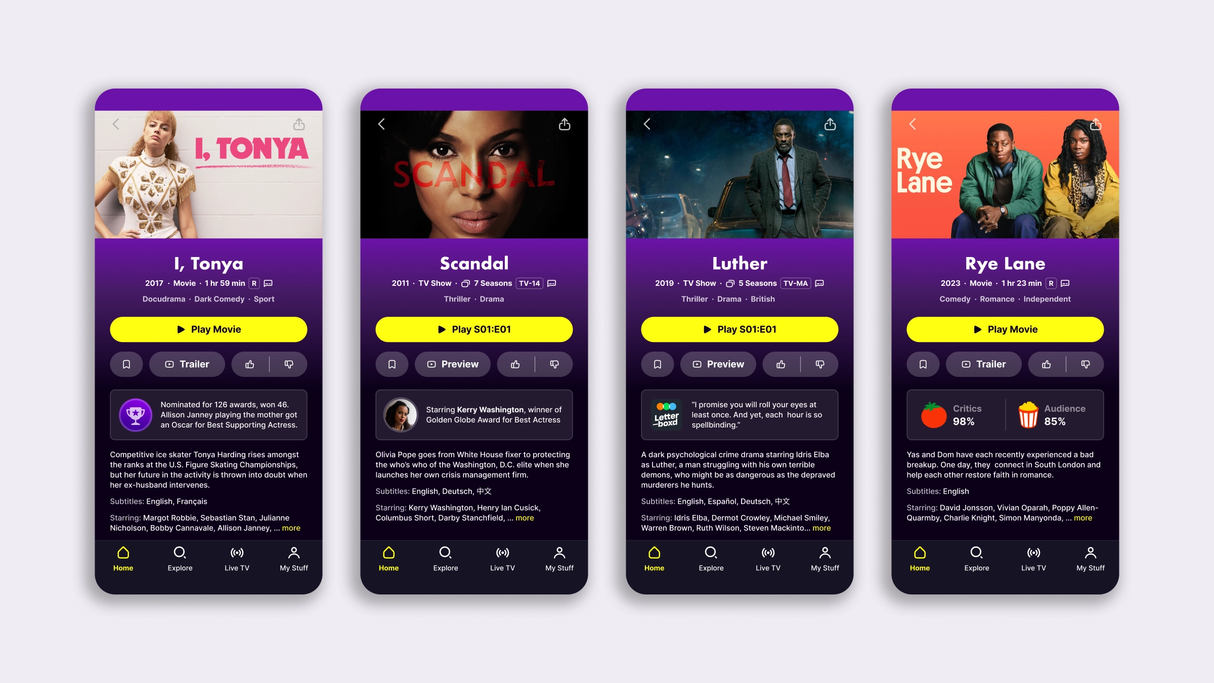 Four mobile title details screens with examples of different Highlights, an award for I, Tonya, and actor snippet for Scandal, a Letterboxd review for Luther, a Rotten Tomatoes critics and audience score for Rye Lane