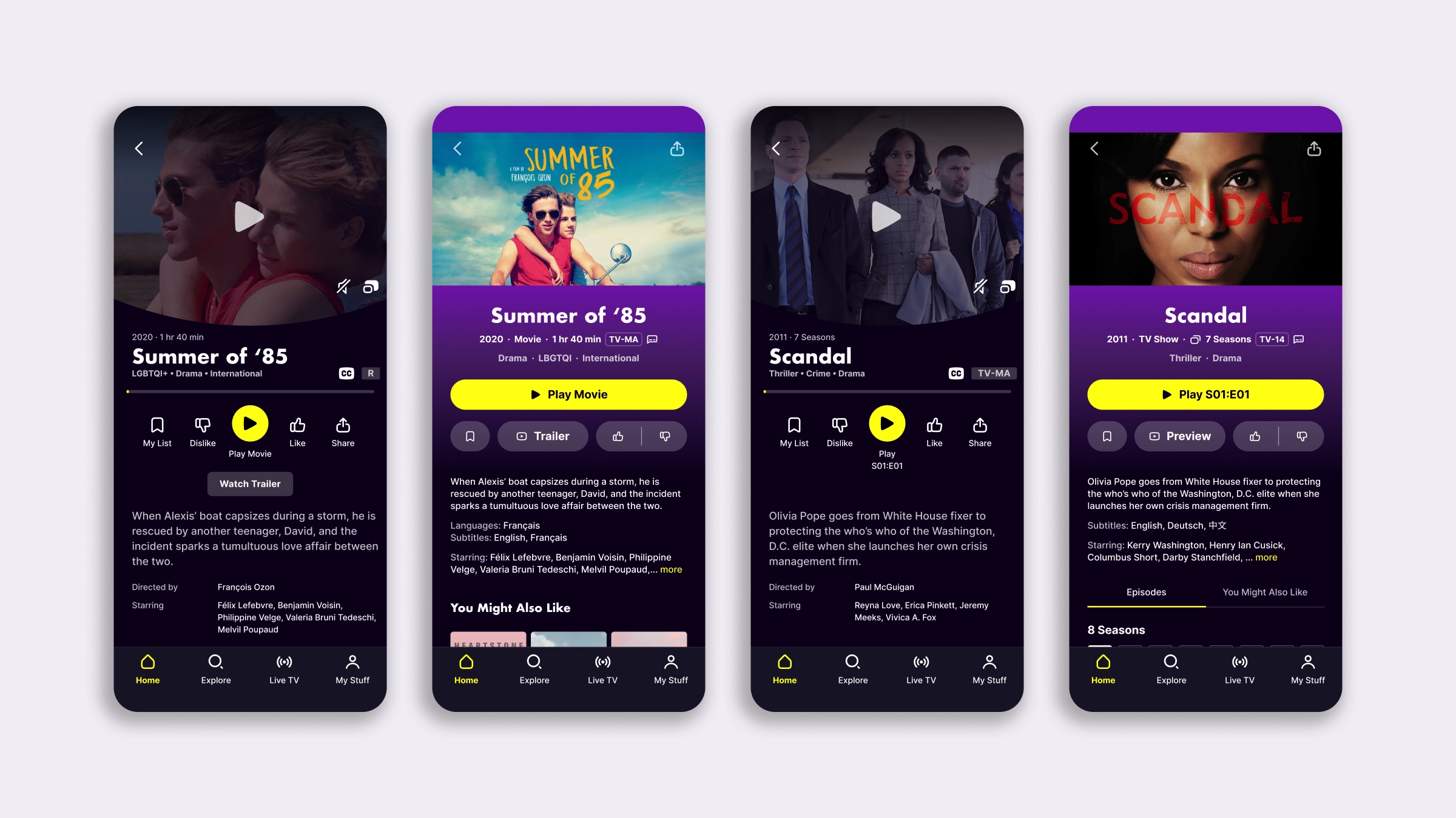 Four mobile title details screens comparing the legacy layout to the redesigned template for a movie and a TV Series