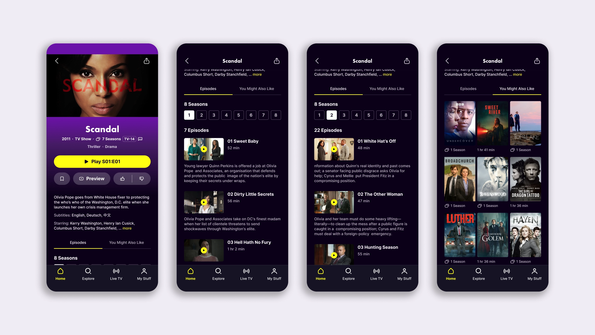Four mobile title details screens for a TV Series showing the top of the screen, the episodes list, the seasons toggle, and the bottom of the page with a grid of related titles
