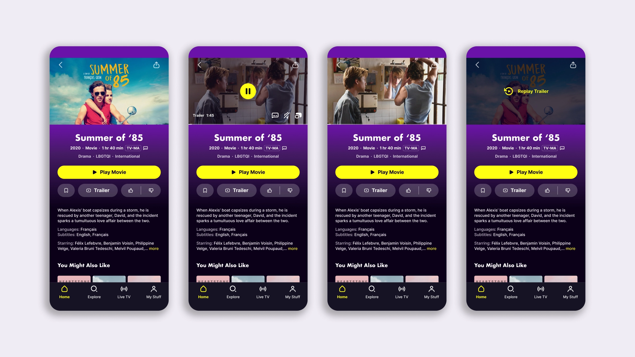 Four mobile title details screens showing the video preview states for a movie, with the preview controls overlaying the clip and a call to action for replaying at the end