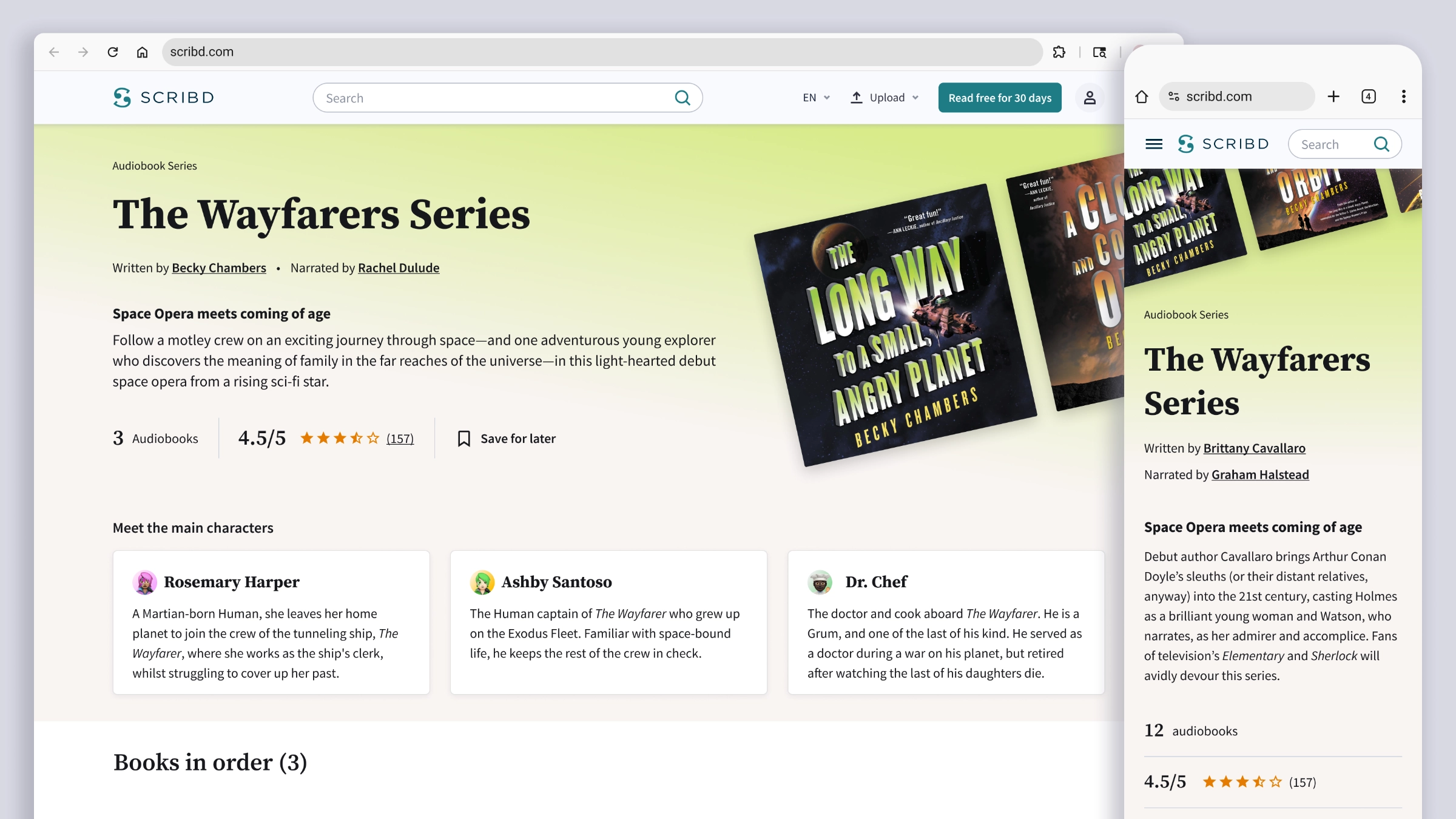 Series overview and main character bios on desktop and mobile