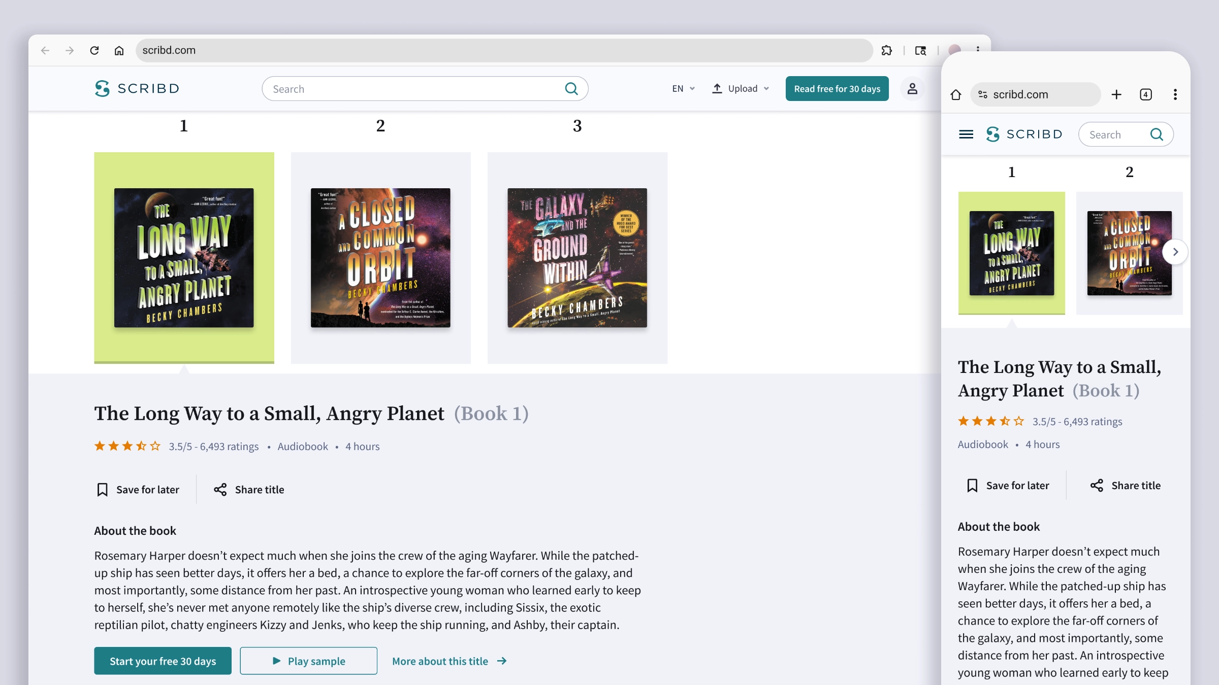 The list of titles in the series on desktop and mobile, with the first audiobook's detail panel selected and its description below