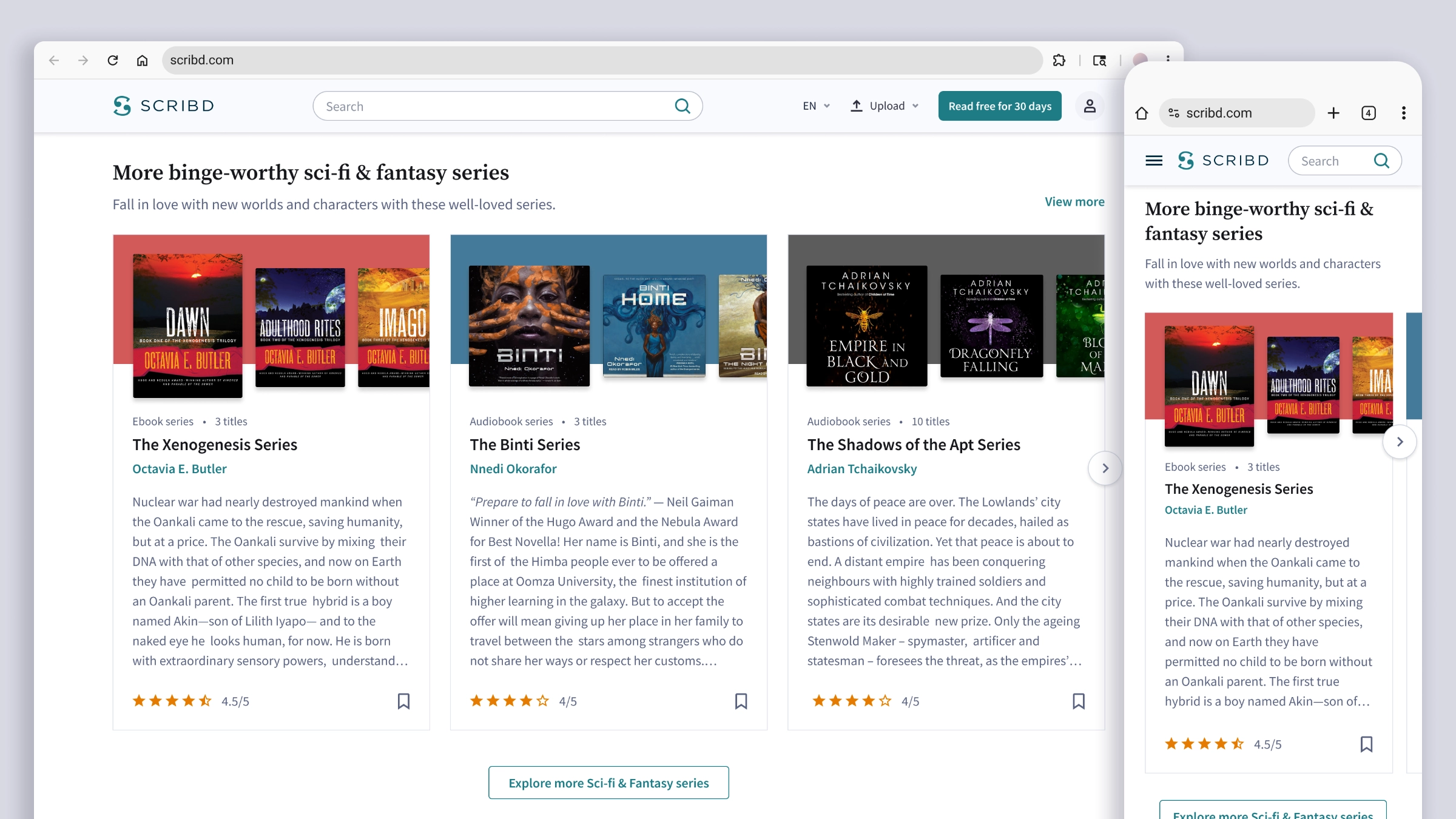 A "More binge-worthy sci-fi and fantasy series" module on desktop and mobile