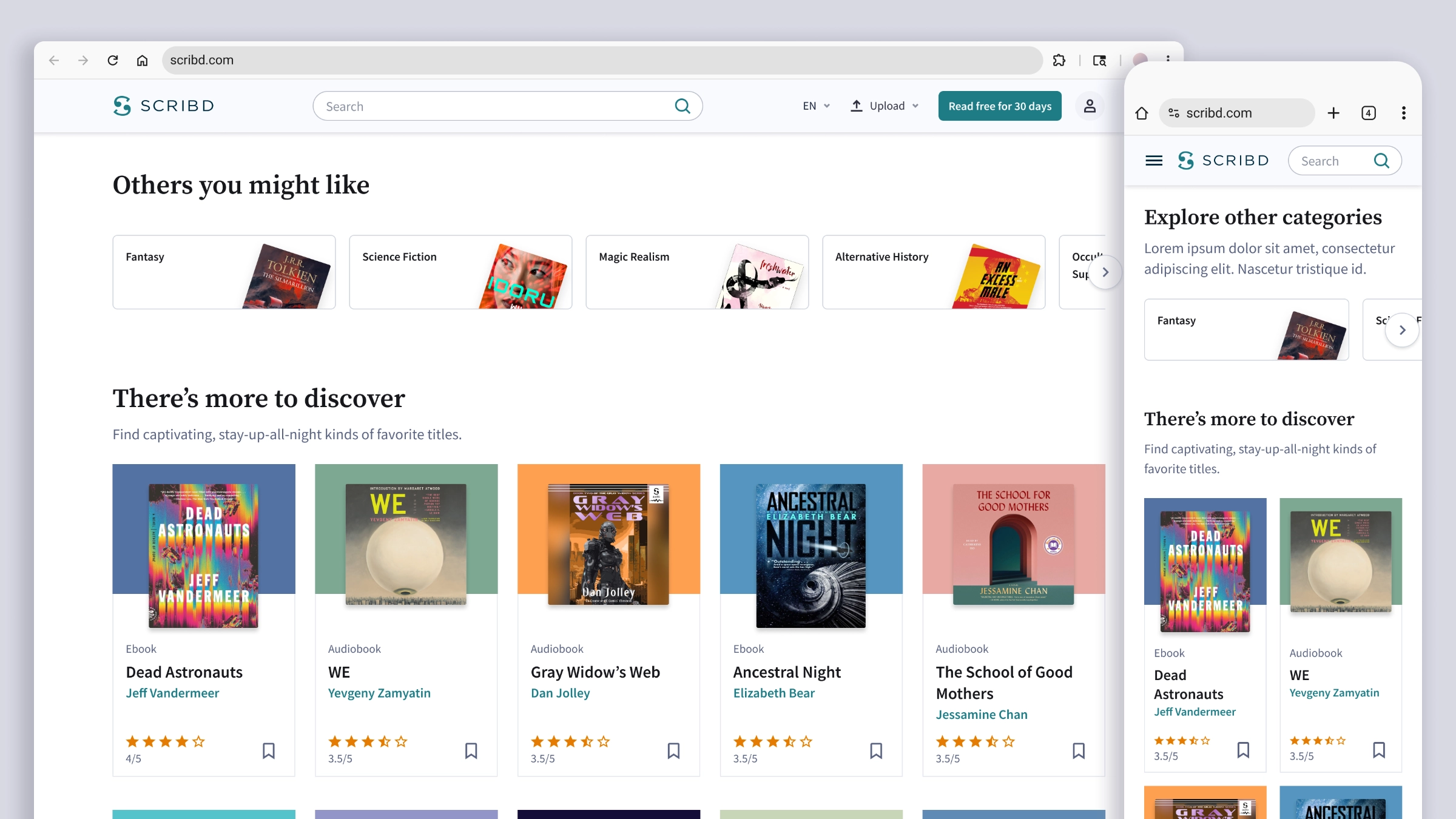 The "Others you might like" and "There's more to discover" modules on desktop and mobile, showing category cards and book recommendations