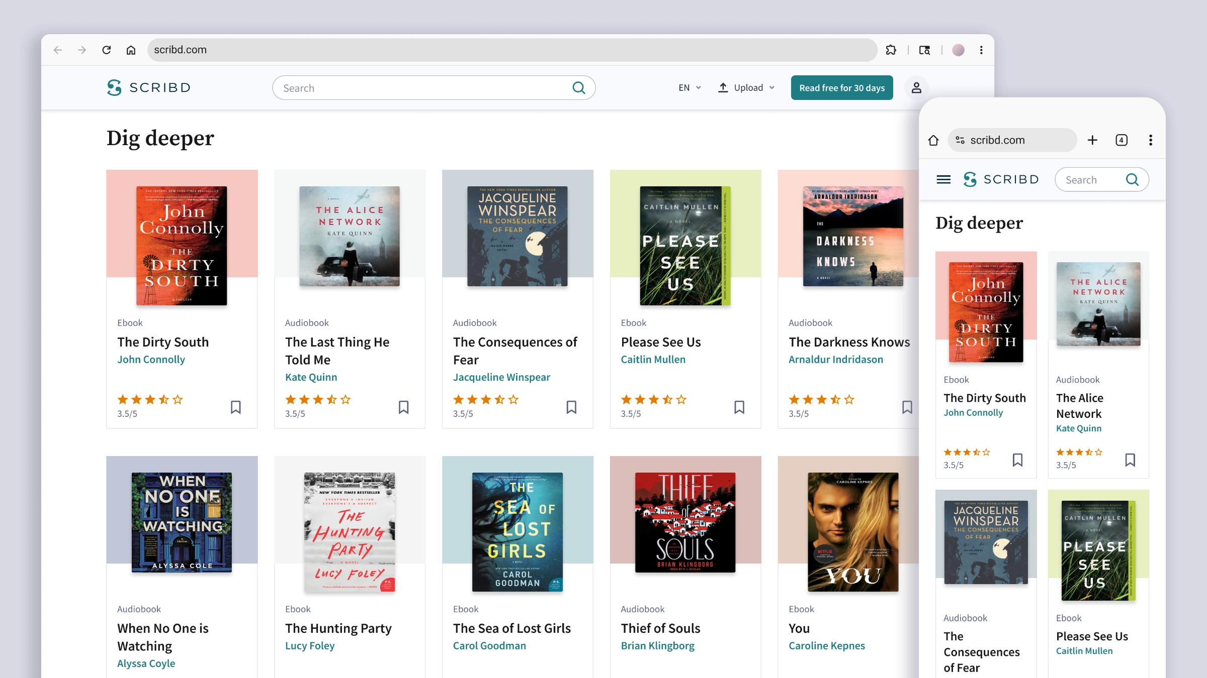 A "Dig deeper" module with a grid of titles, on desktop and mobile
