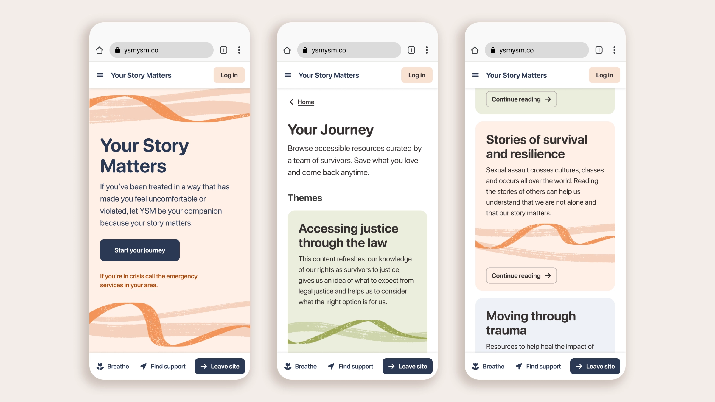 Three mobile web screens showing the homepage, the "Your Journey" theme list, and a "Stories of survival and resilience" theme card