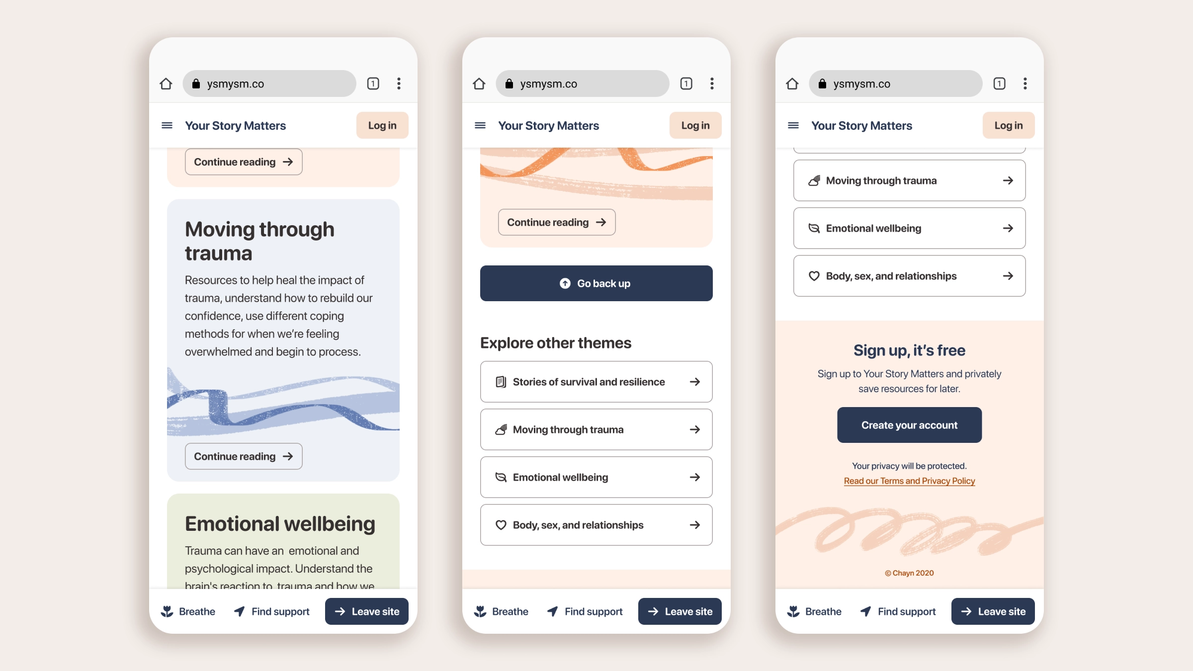 Three mobile web screens showing the "Moving through trauma" theme, the "Explore other themes" list, and a sign-up prompt to save resources