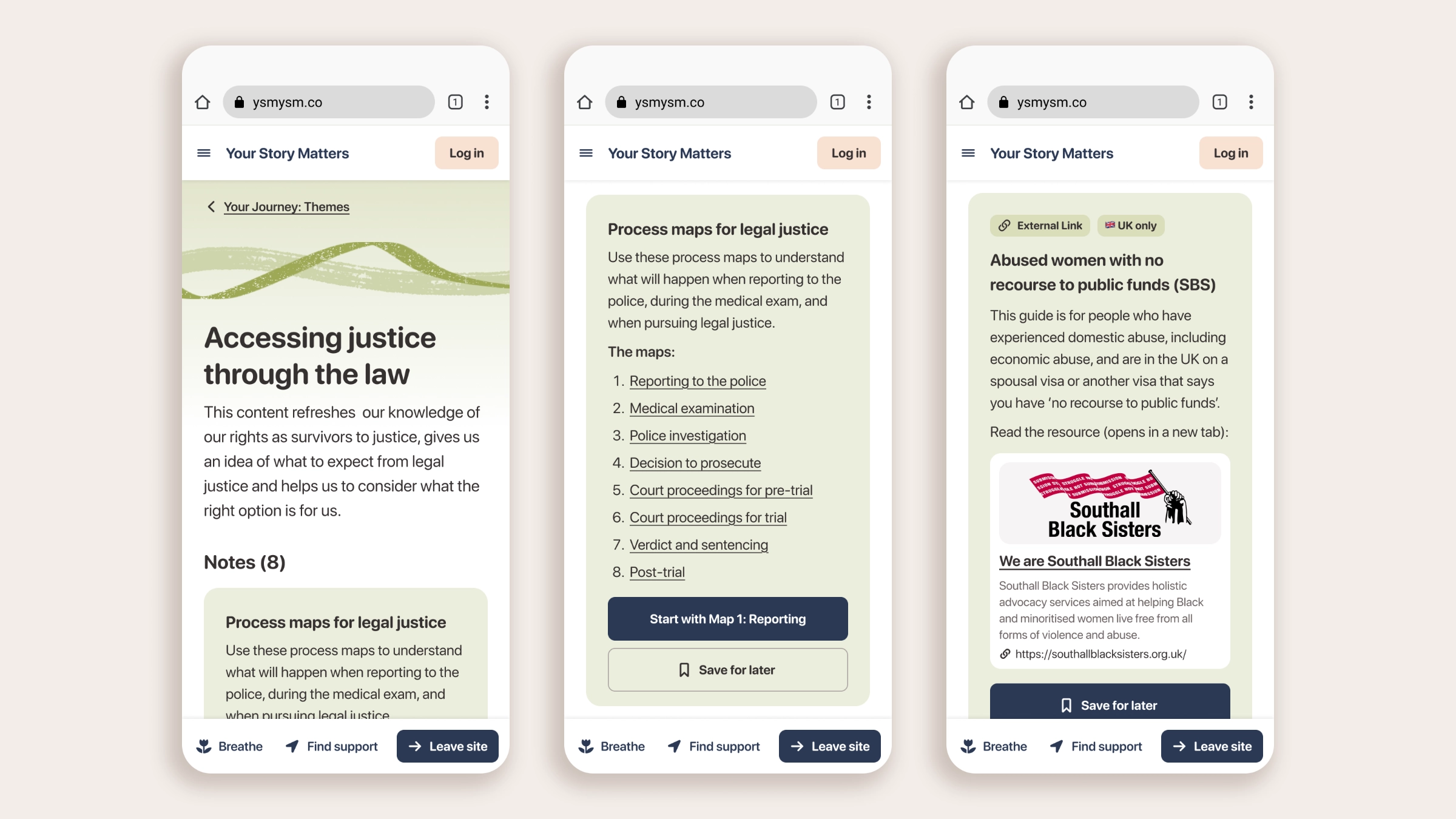 Three mobile web screens showing the "Accessing justice through the law" theme, a process map steps card, and an external resource card for Southall Black Sisters