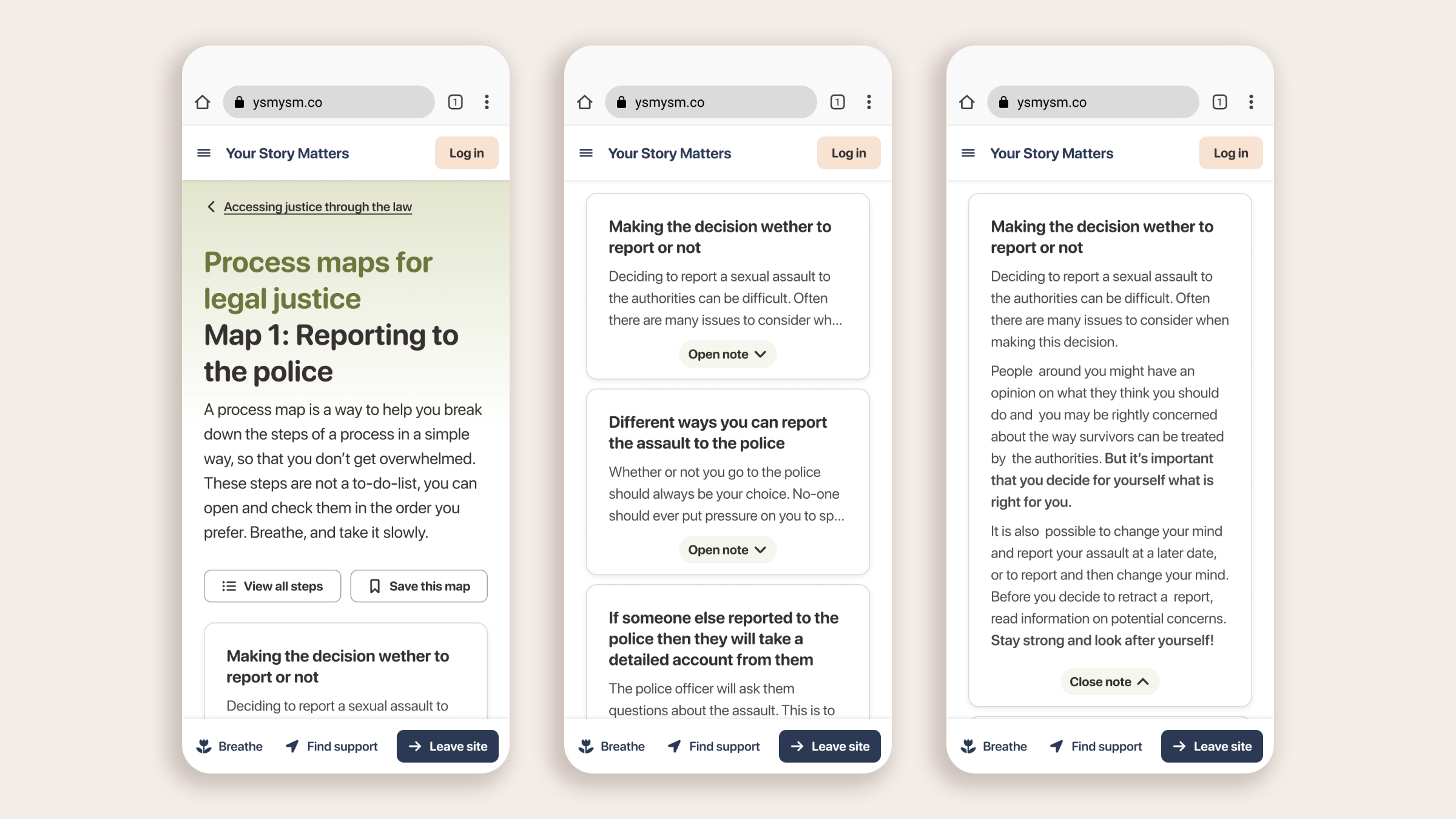 Three mobile web screens showing the "Reporting to the police" process map, with expandable notes on each step