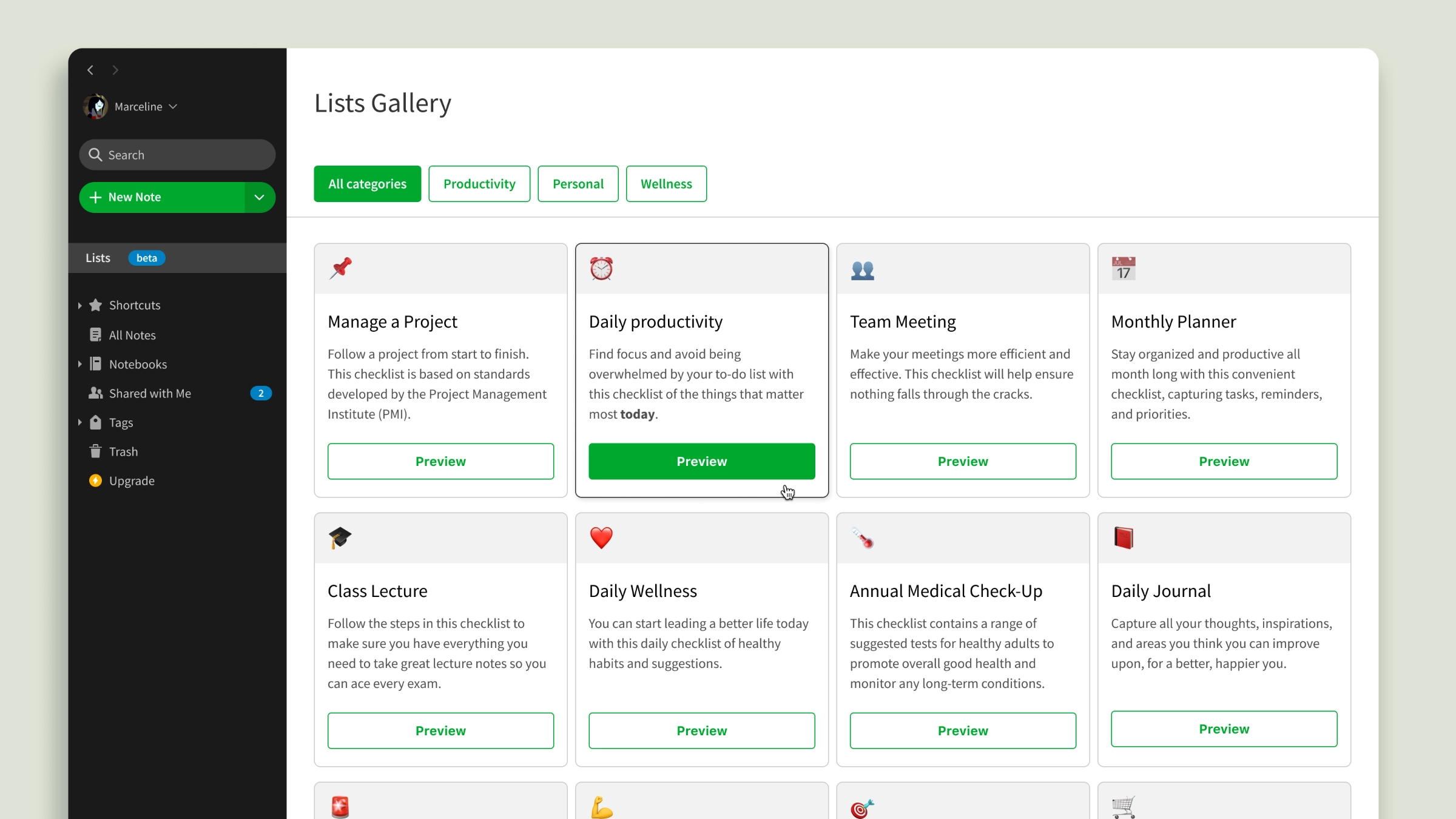 The List Gallery entry point for the Beta Lists experiment on desktop, with template cards and a hover state on the "Daily productivity" card