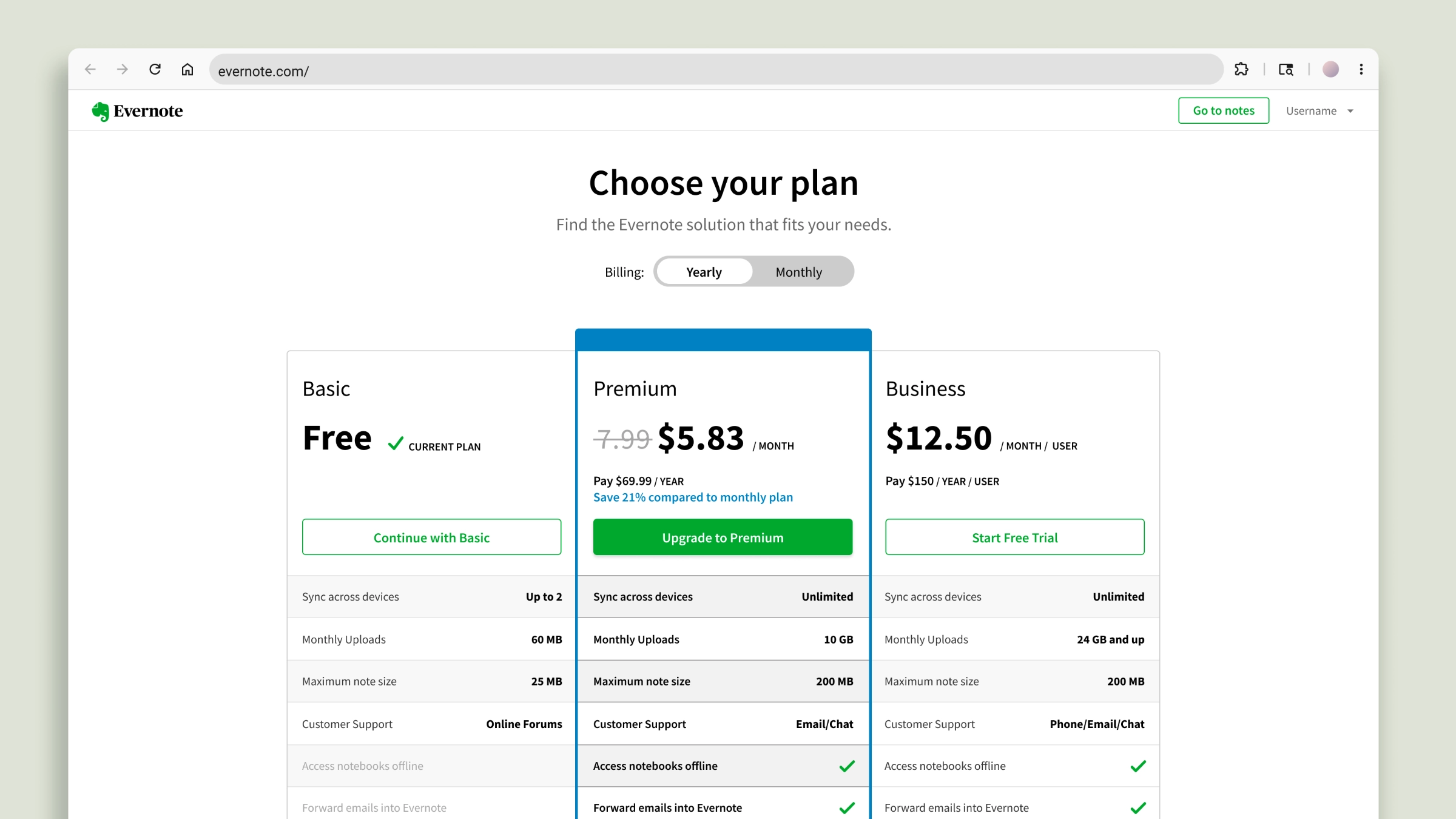 A web pricing page comparing Basic, Premium, and Business plans, with a highlighted treatment for yearly savings