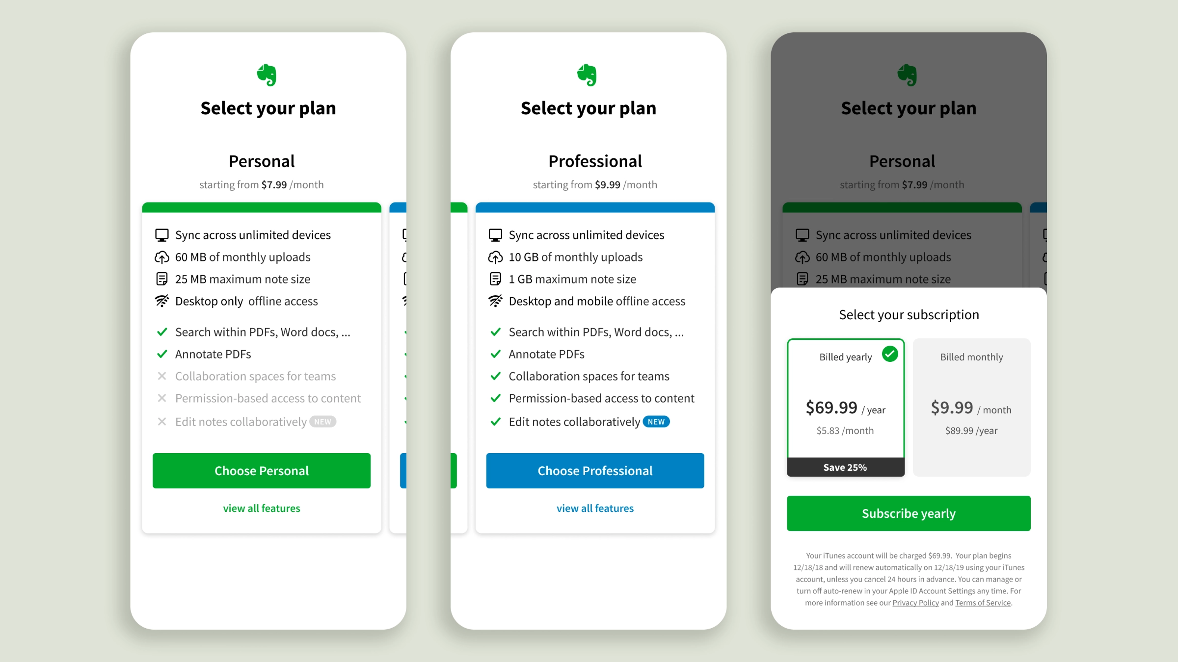 Three mobile plan comparison screens showing Personal features and pricing, Professional features and pricing, and a billing options drawer