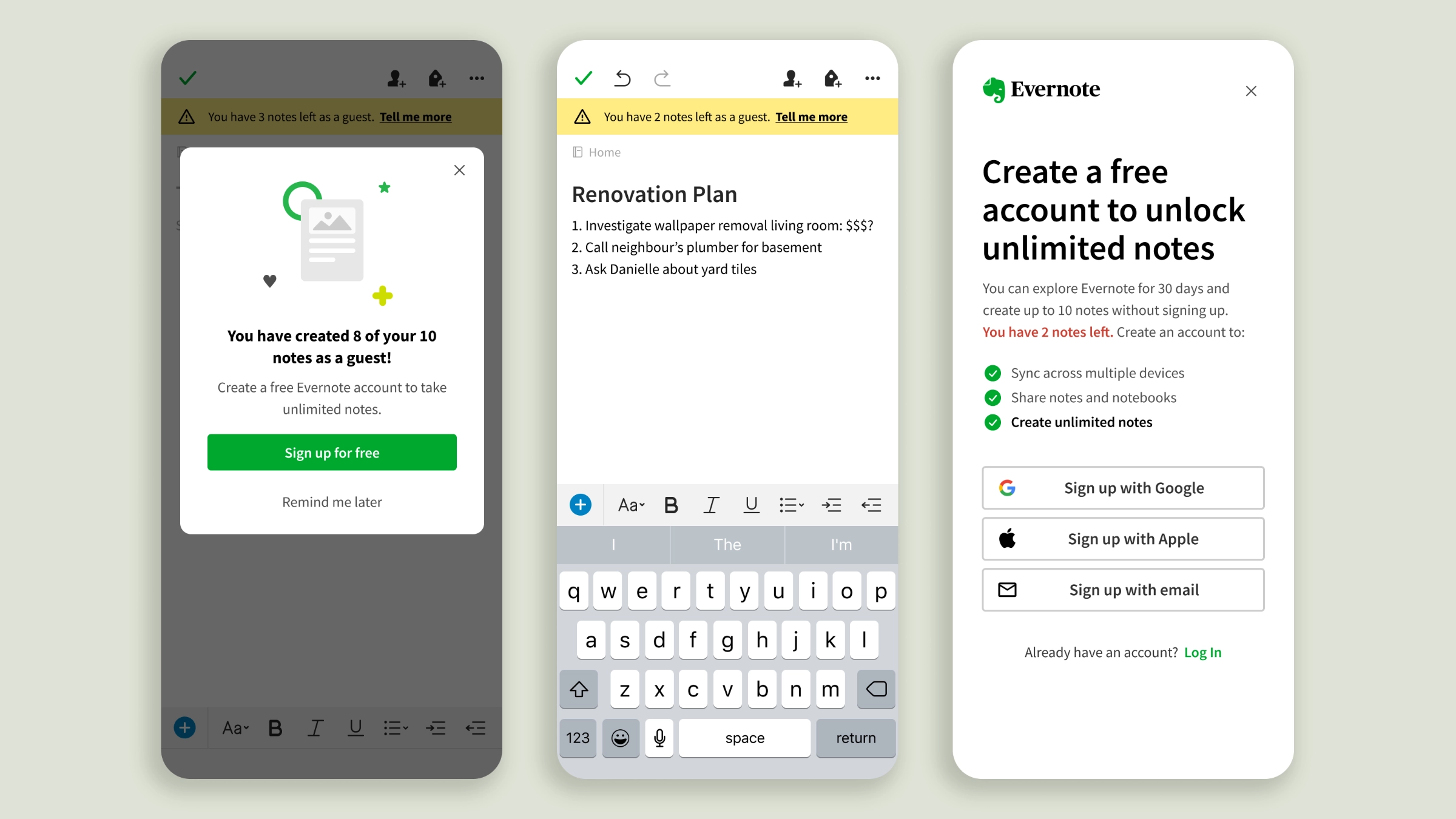Three mobile screens showing a guest note-limit prompt, a note editor with a "two notes left" warning banner, and the full-screen sign-up page it leads to