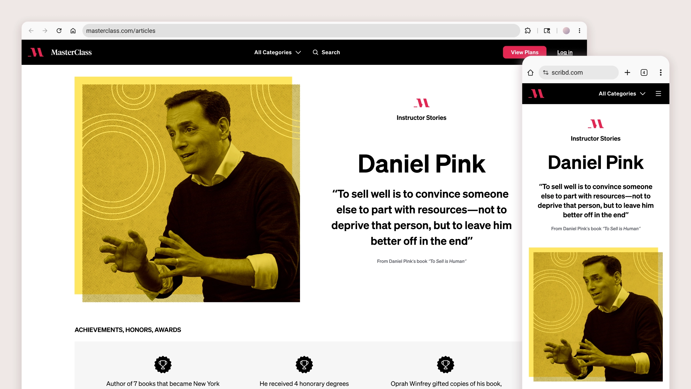 A hero section on desktop and mobile, with a duotone portrait of Daniel Pink, a pull quote, and an achievements list