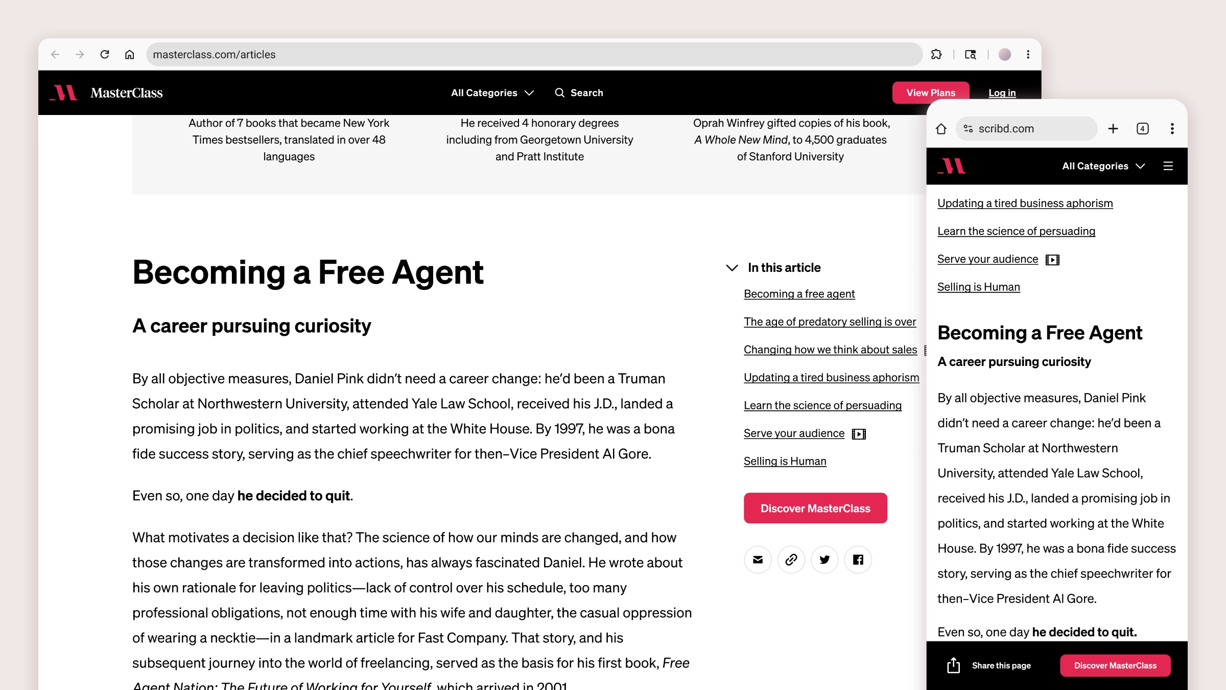 An in-article table of contents on desktop and mobile, followed by a "Discover MasterClass" call to action