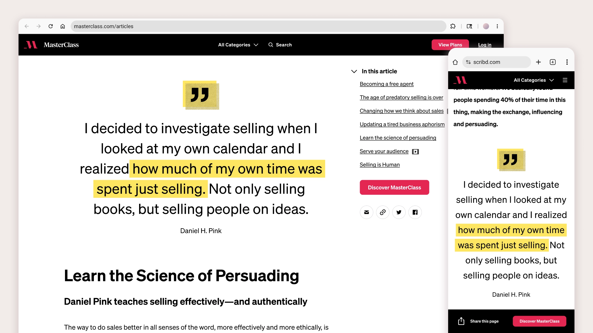 A large highlighted pull quote spanning the content column, on desktop and mobile