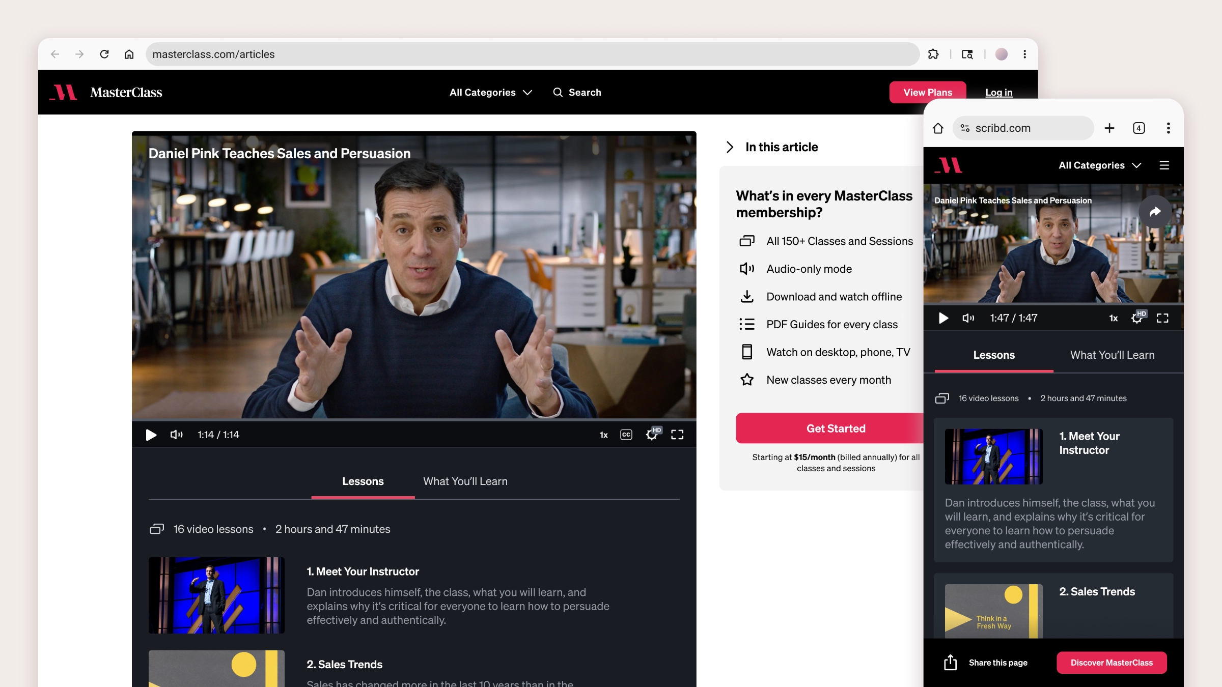 A class trailer embed for "Daniel Pink Teaches Sales and Persuasion", with a lesson list and membership benefits sidebar