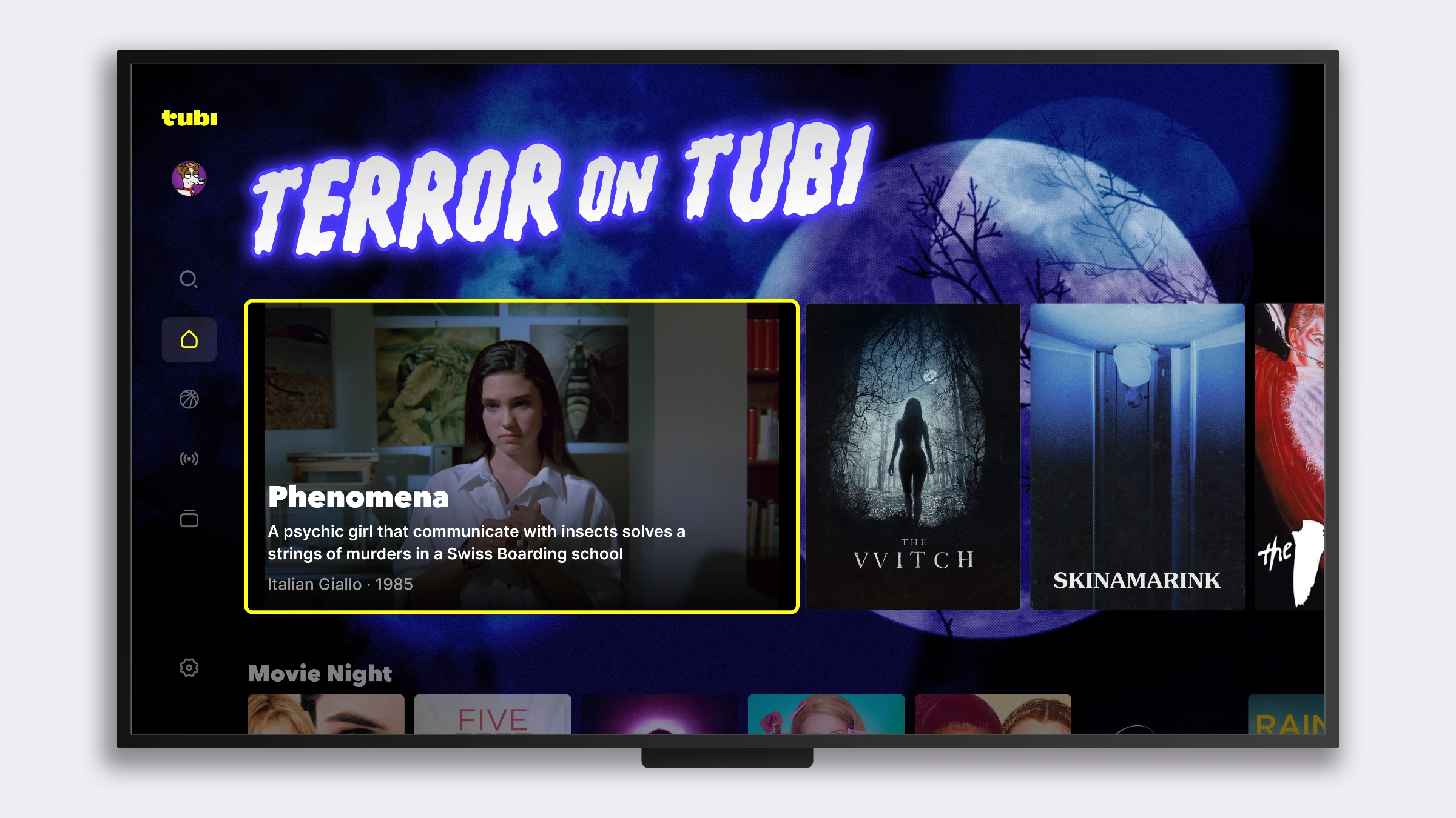 A TV app screen with a "Terror on Tubi" seasonal hub in a spooky visual treatment