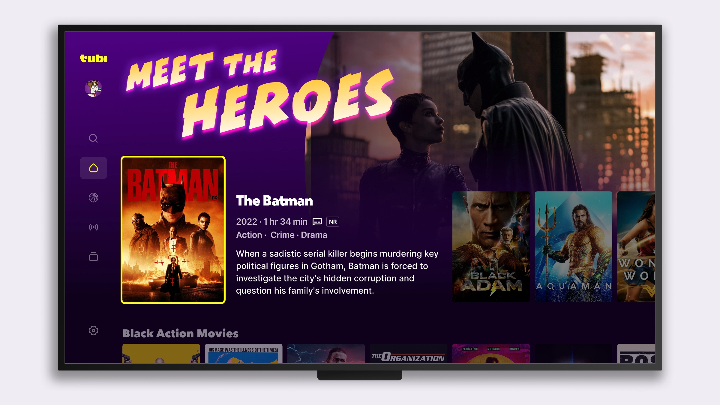 A TV app screen with a "Meet the Heroes" marketing row, the first title selected