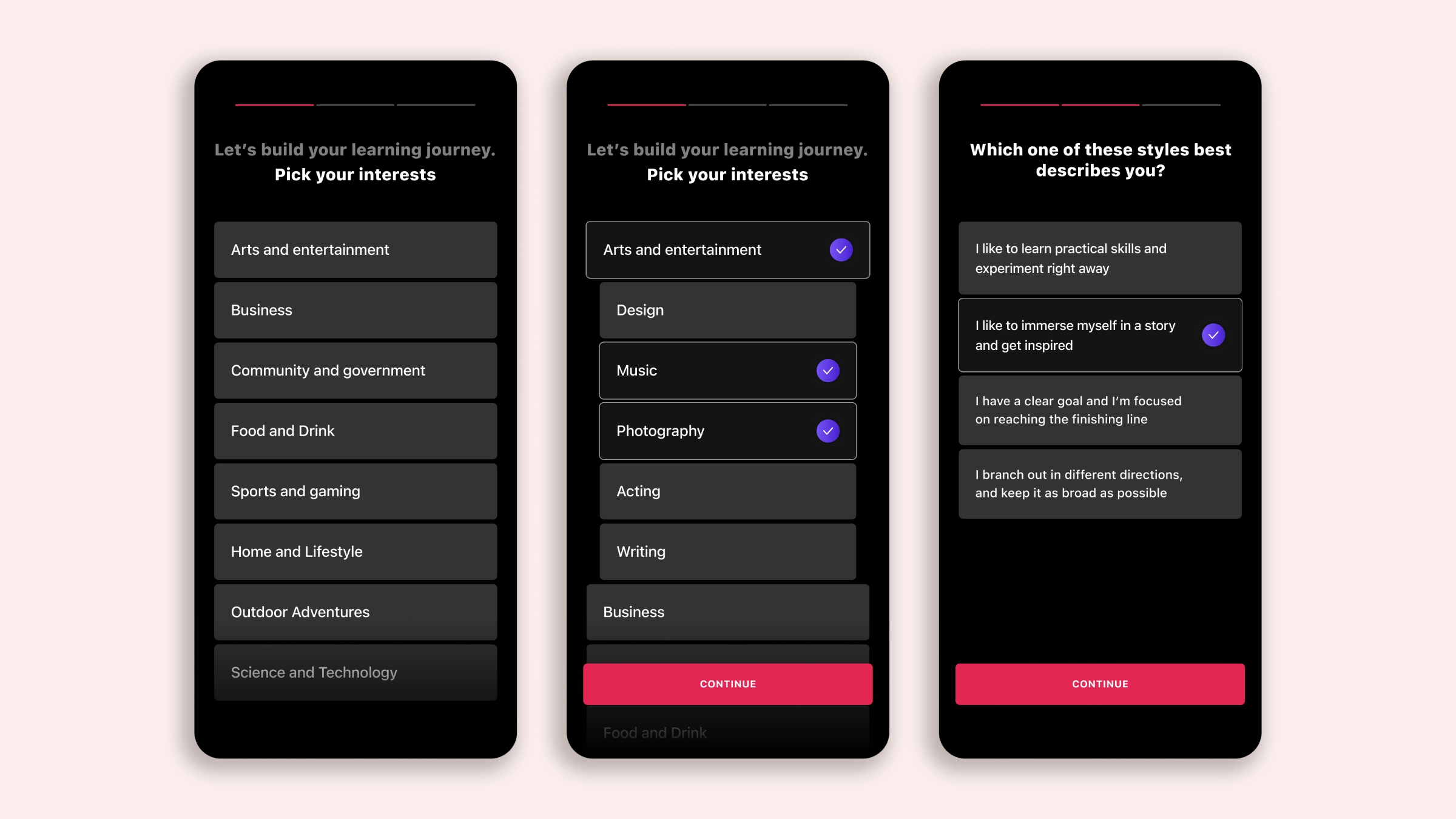 Three onboarding screens for picking interests showing a full topic list, expanded subtopics such as Design and Music, and a learning-style question