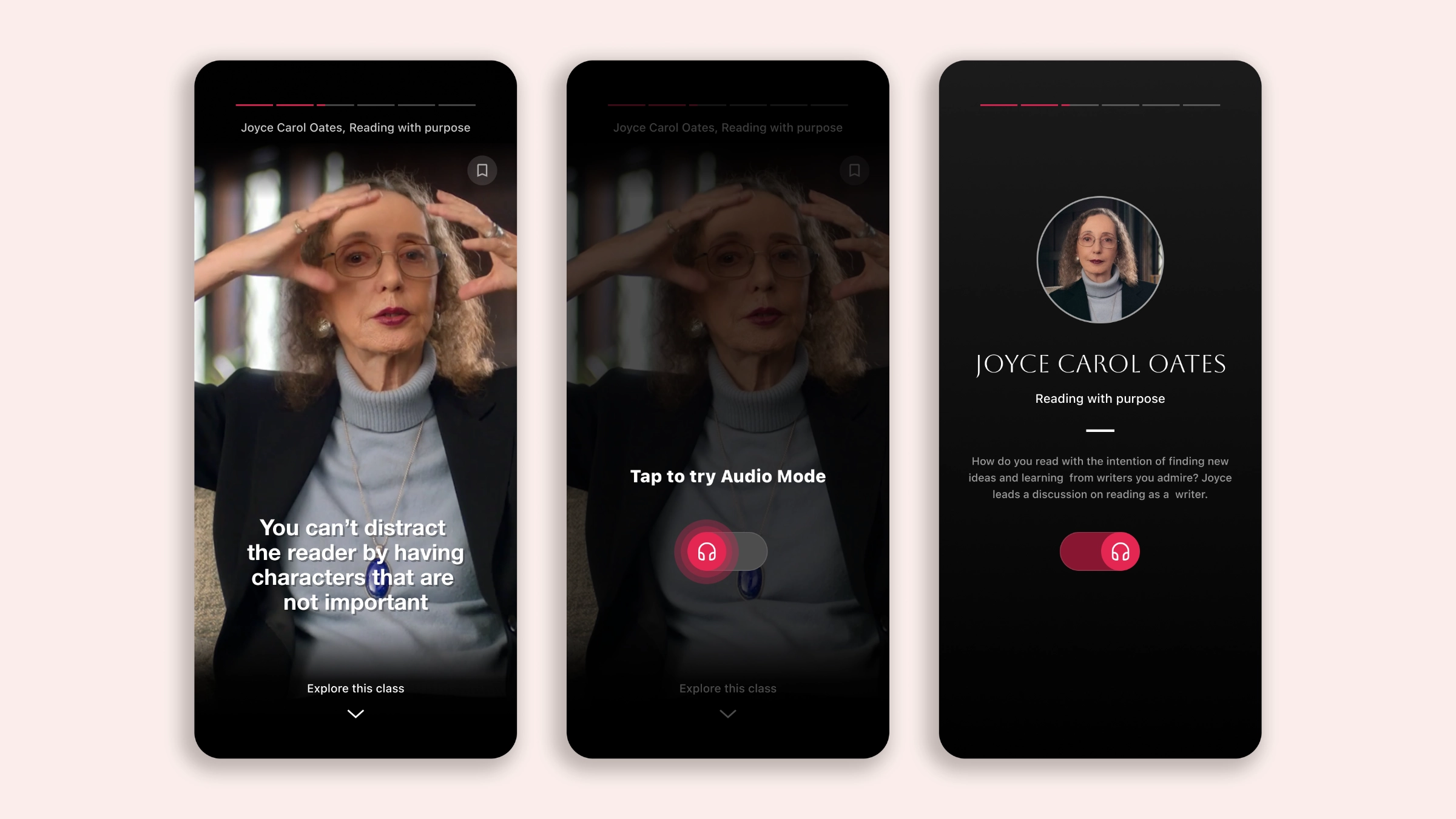 Three onboarding screens showing the Audio Mode feature as a toggle above a video clip