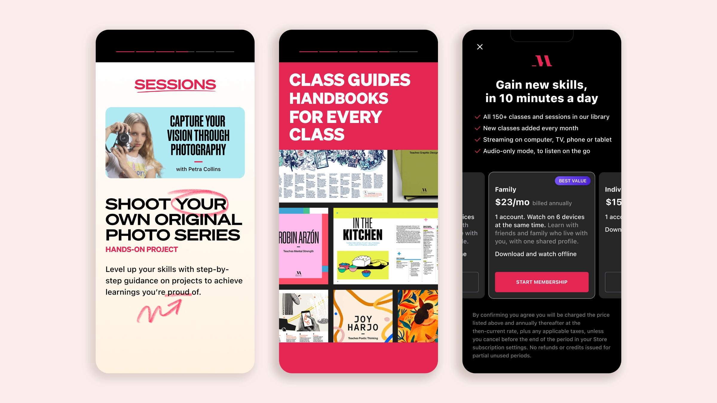Three onboarding screens for key features education showing hands-on Sessions, downloadable class guides, and a membership plan paywall