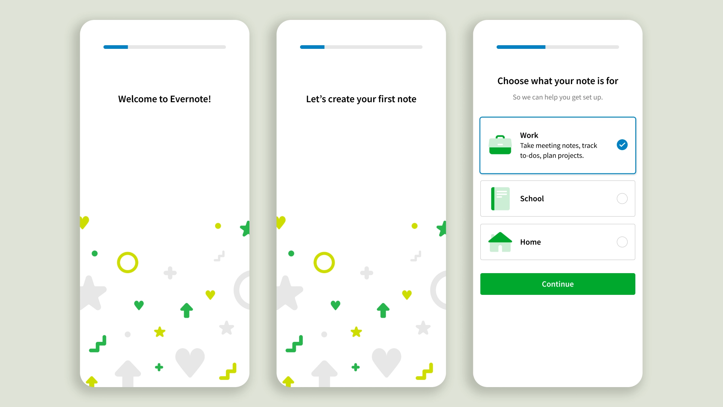 Three onboarding screenss showing a welcome message, a "Let's create your first note" prompt, and a "Choose what your note is for" question with "Work" selected