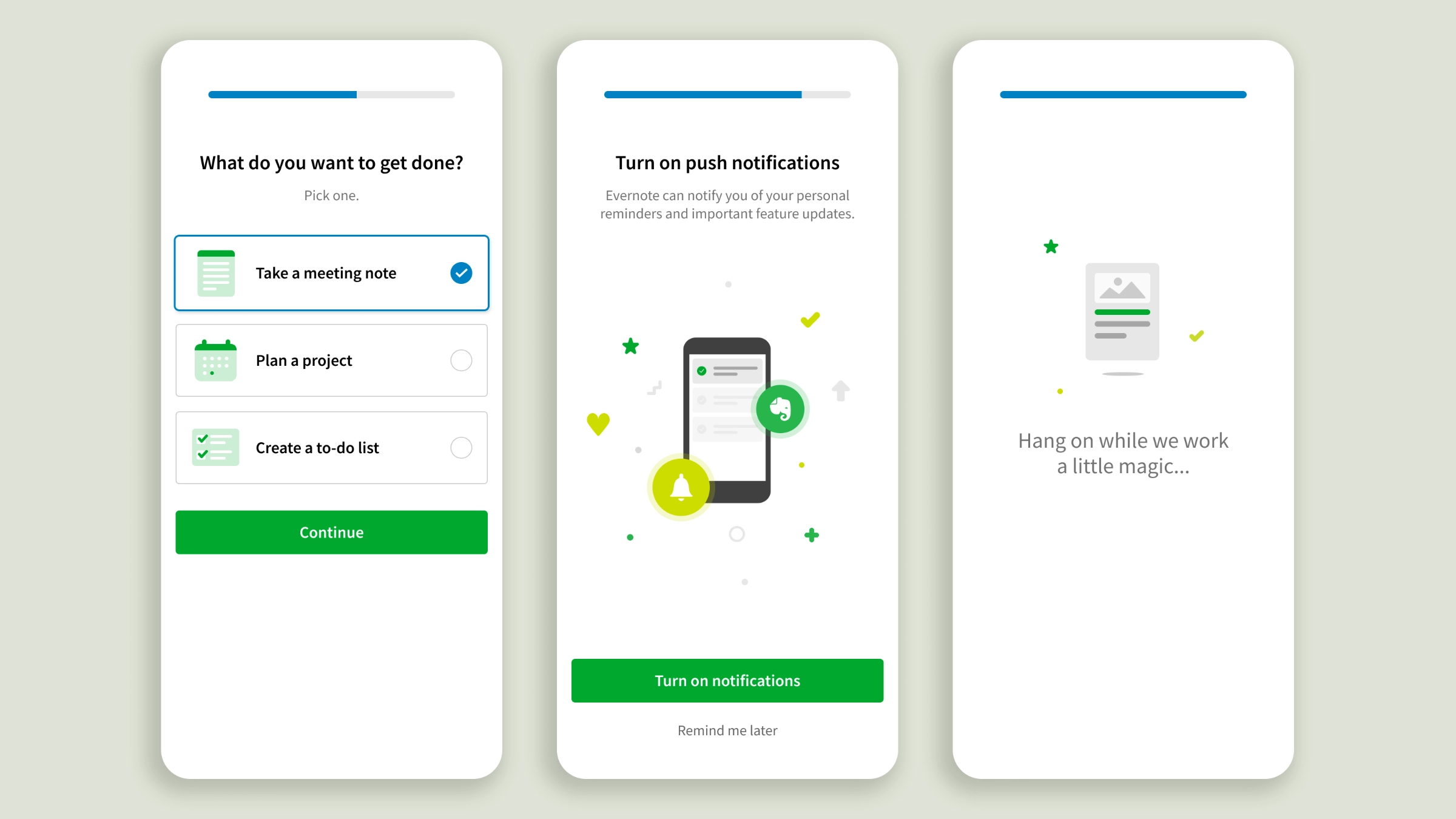 Three onboarding screens showing a "What do you want to get done?" task picker, a push notification permission prompt, and an illustrated loading screen while the app personalizes the experience