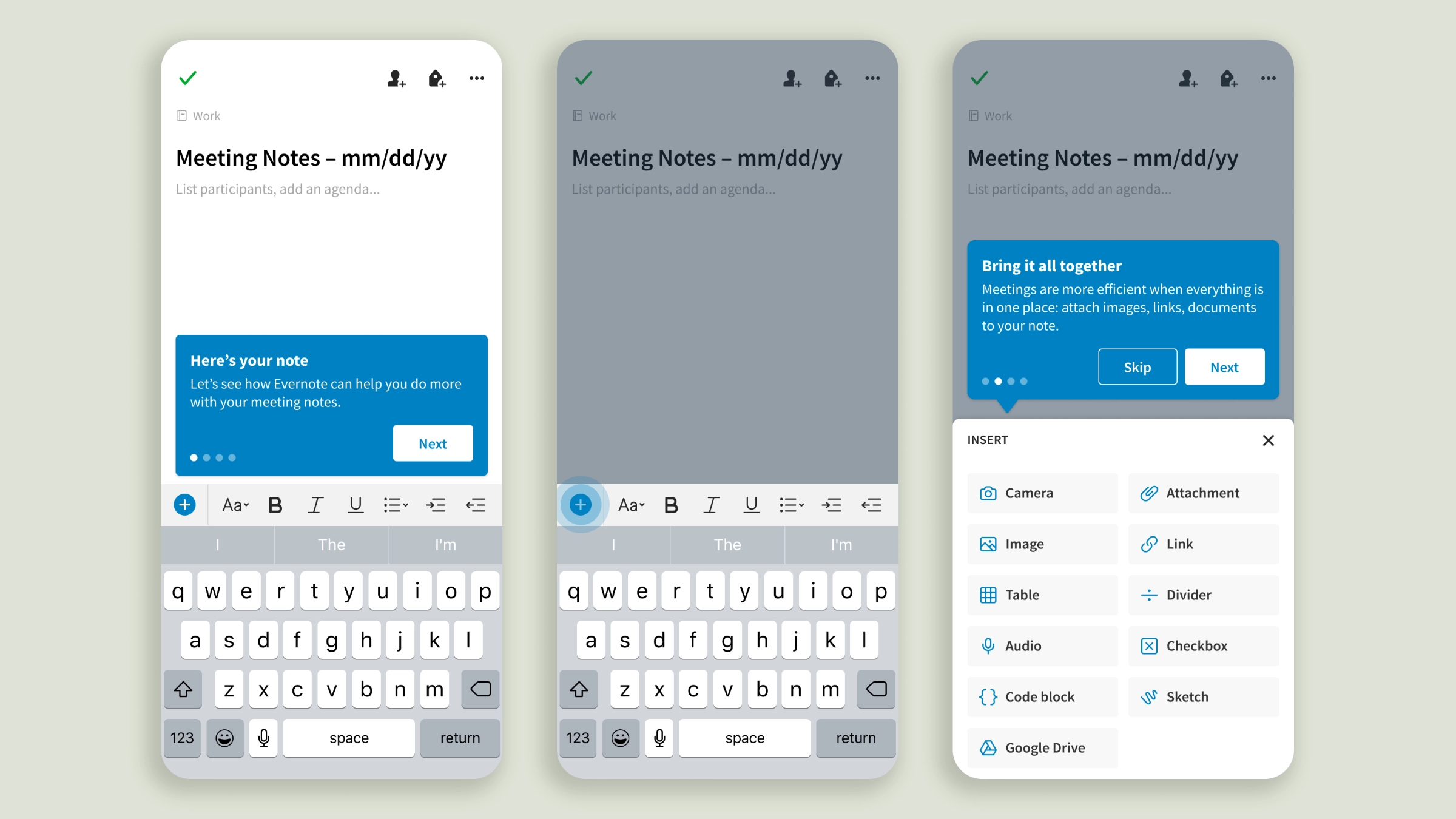 Three onboarding screens showing a personalized Meeting Notes template, with coachmark tooltips pointing to note-taking and attachment features