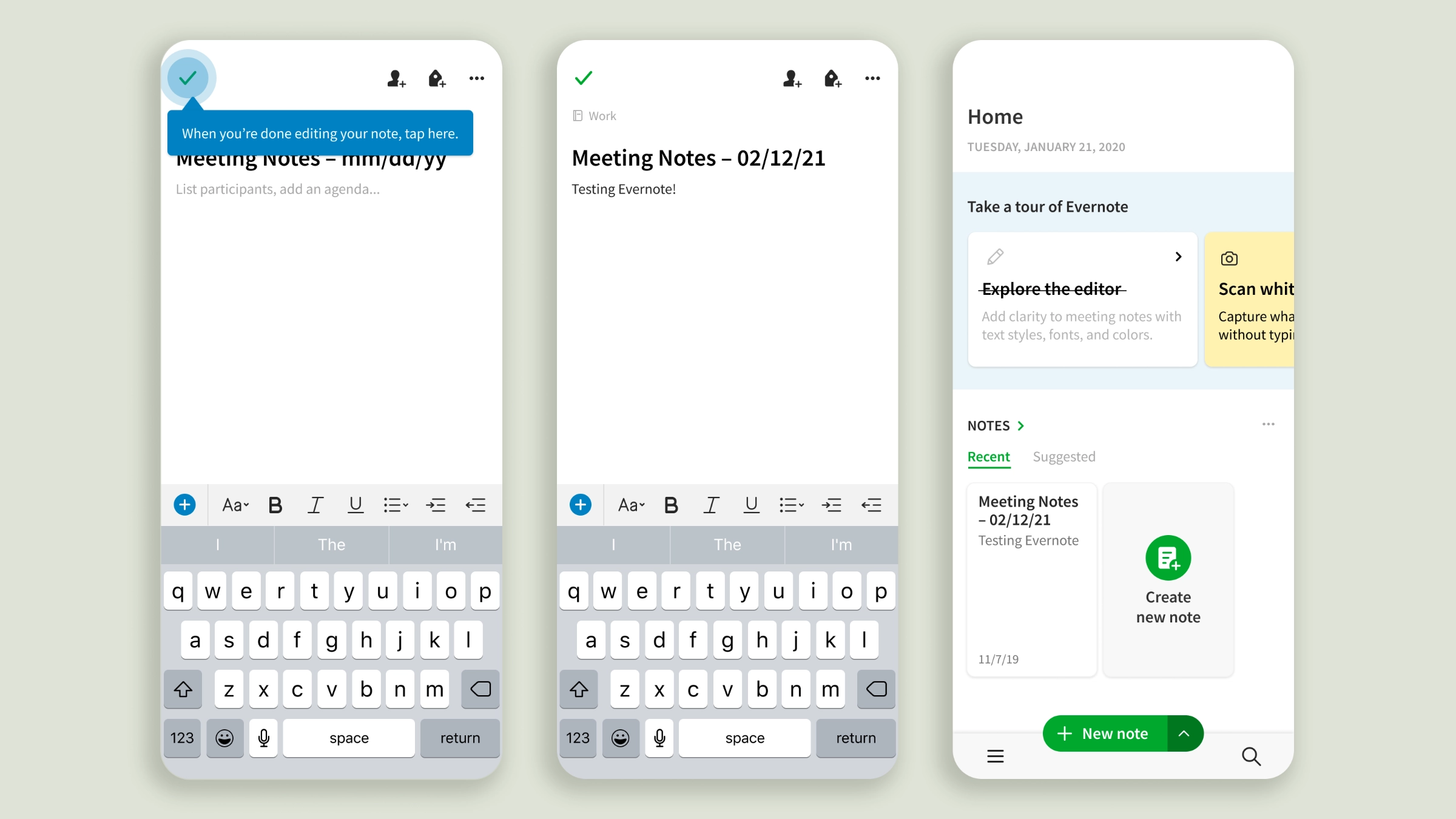 Three onboarding screens showing a coachmark on the checkmark button, a filled-in meeting note, and a home screen with a "Take a tour of Evernote" module