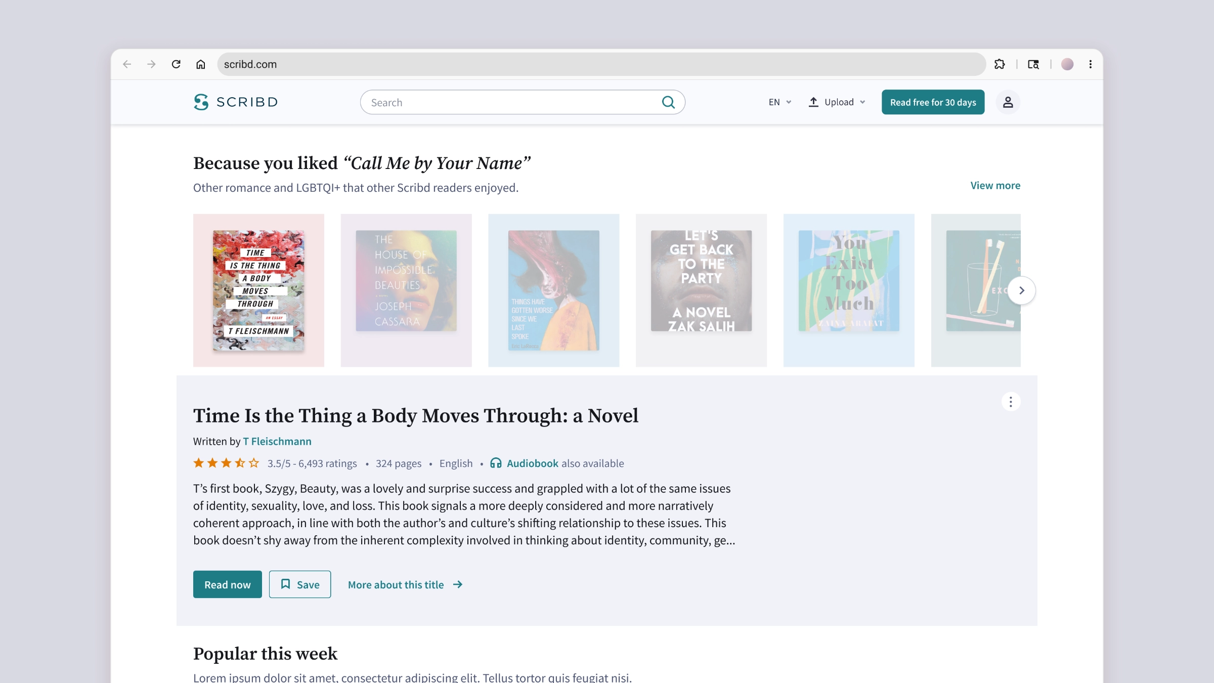 A desktop screen with a quick view panel expanded below the carousel row, showing the selected title's details