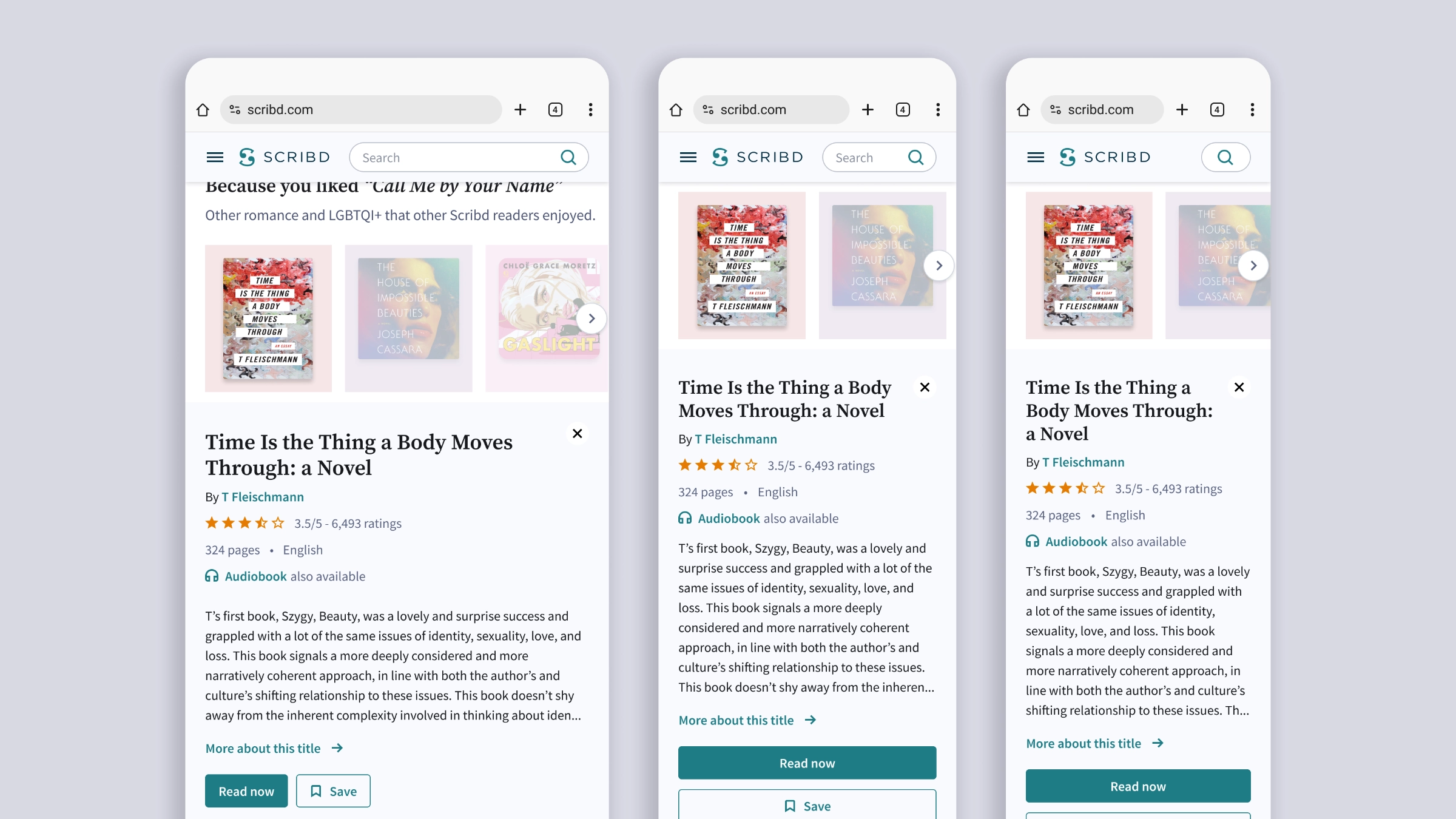 Three mobile web screens showing how the quick view panel below the row adapts across smaller viewports