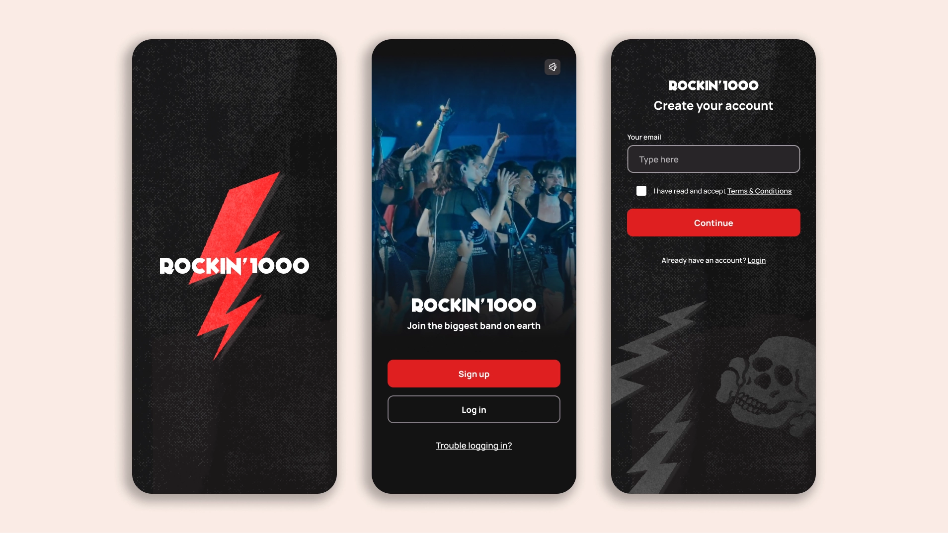 Three screens showing a splash screen, sign-up, and account creation