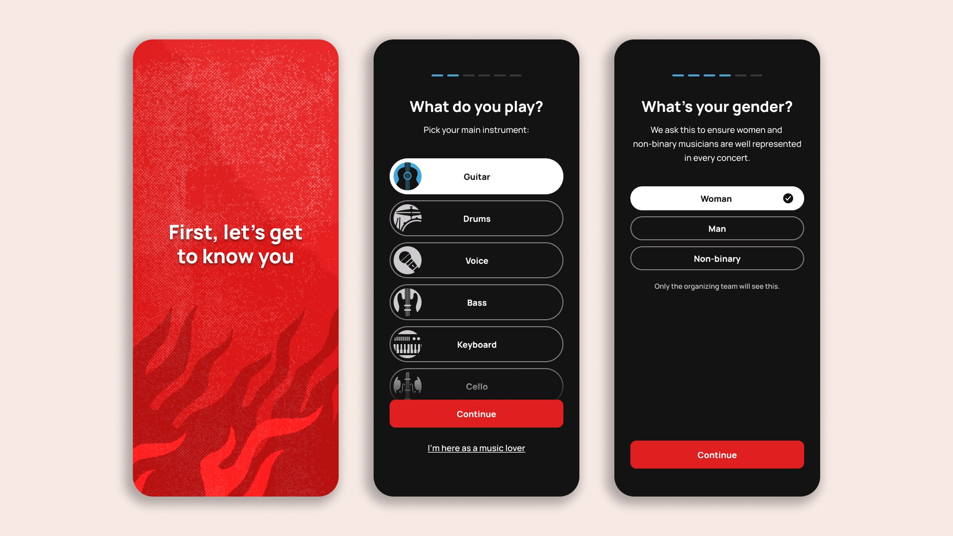 Three onboarding screens showing an illustrated intro, instrument selection, and gender selection