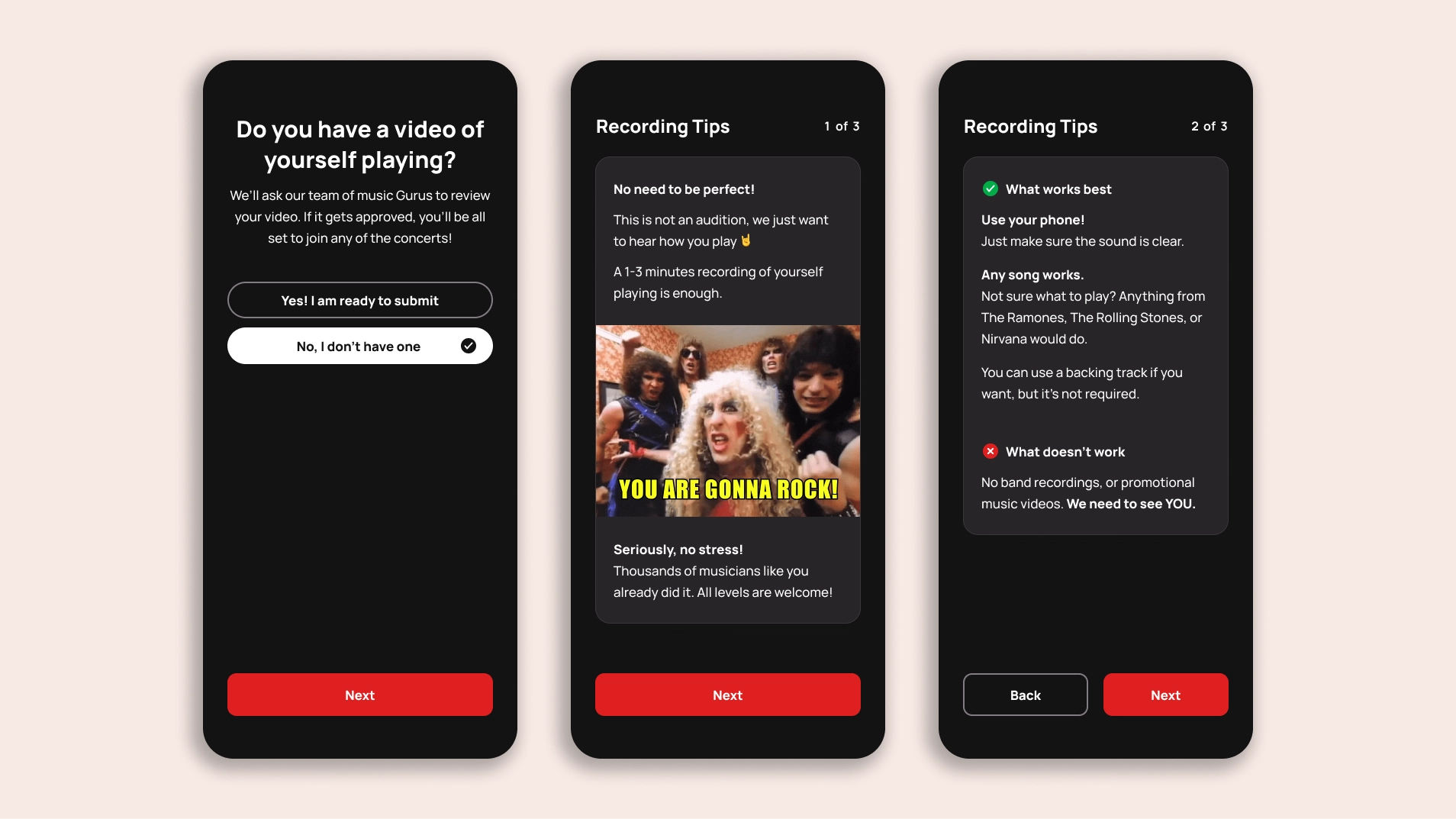 Three onboarding screens showing a video upload prompt and two recording tips carousel
