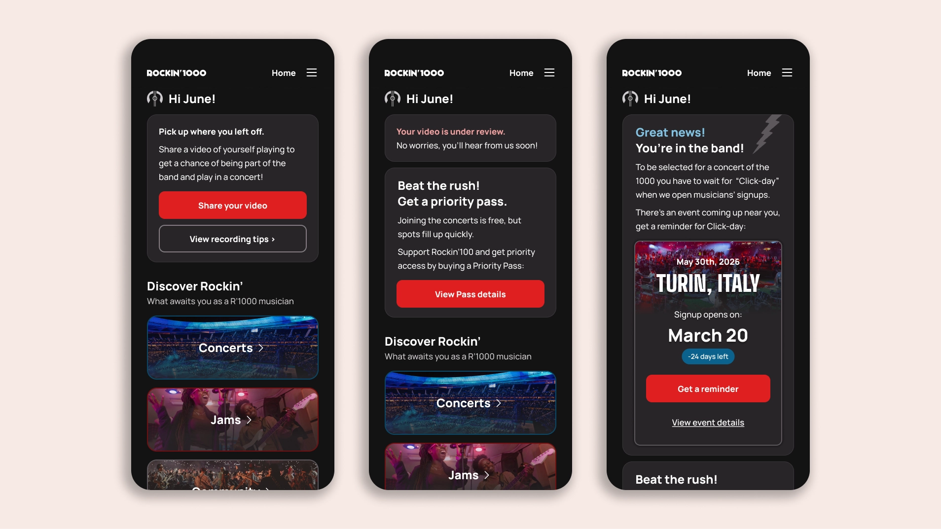 Three home screens personalized by video upload status, from under review to approved