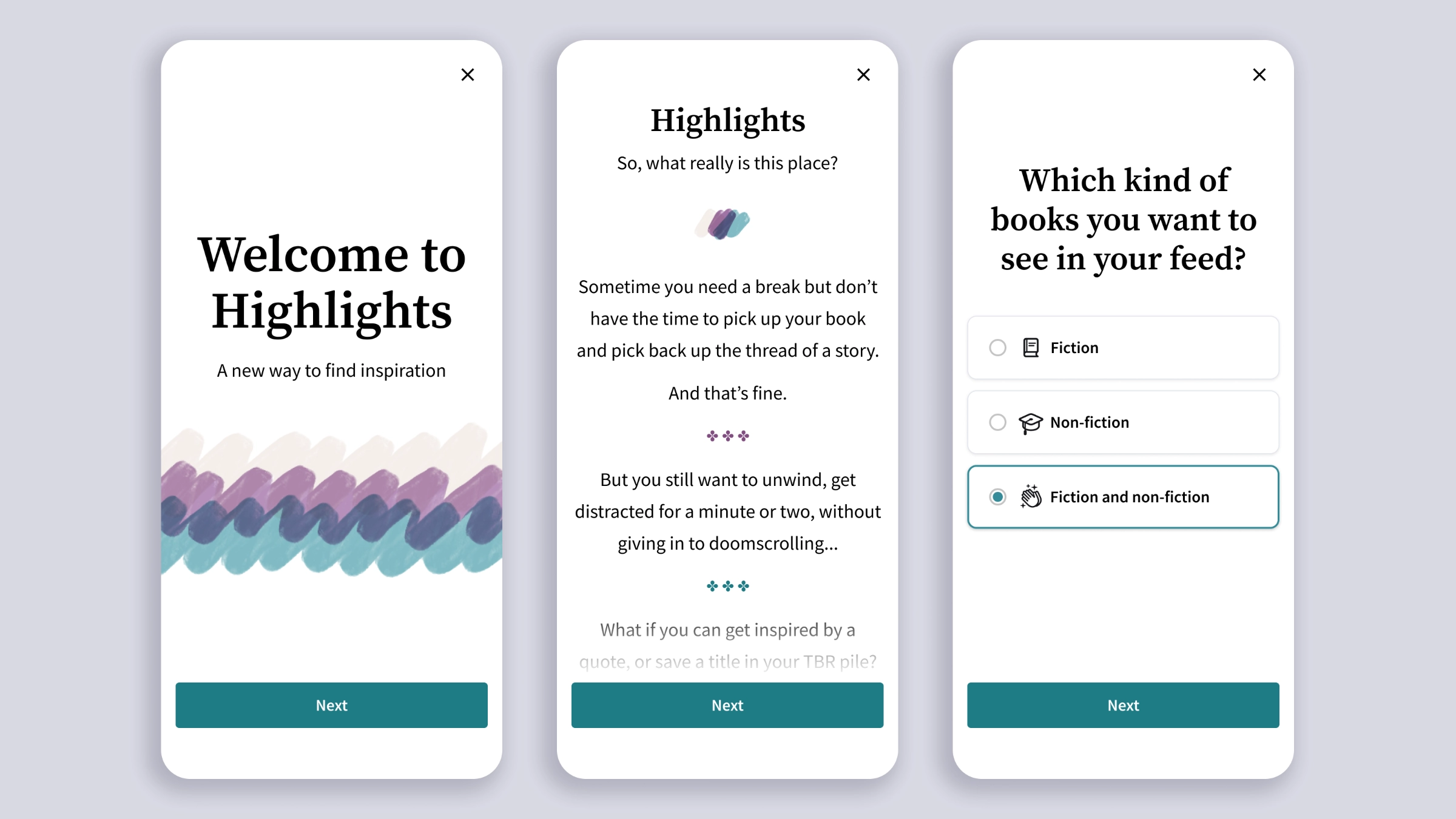 Three onboarding screens showing a welcome message, an intro to the feature, and a step for choosing between fiction, non-fiction, or both