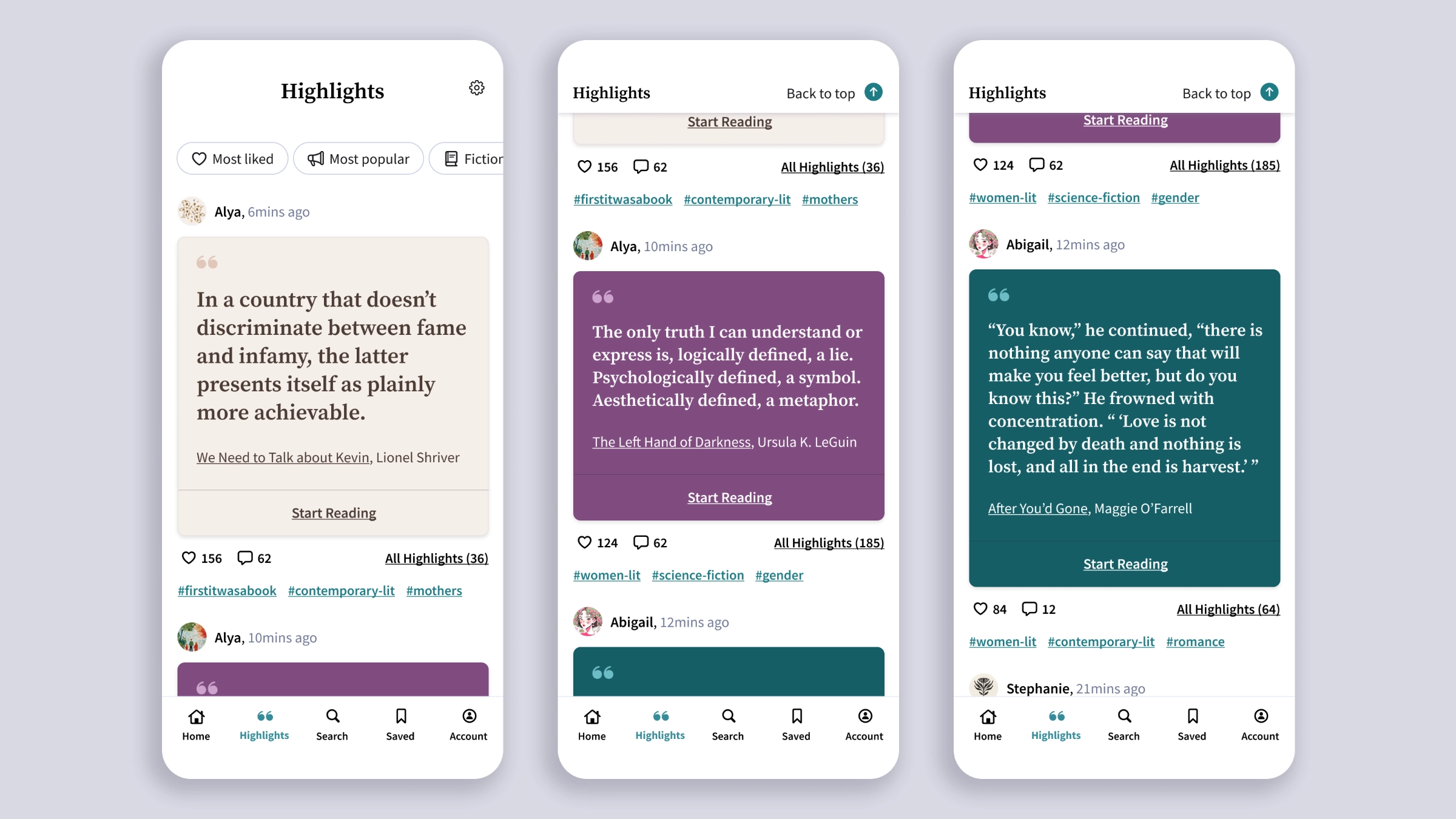 Three screens of scrollable book quote cards with likes, comments, and hashtags