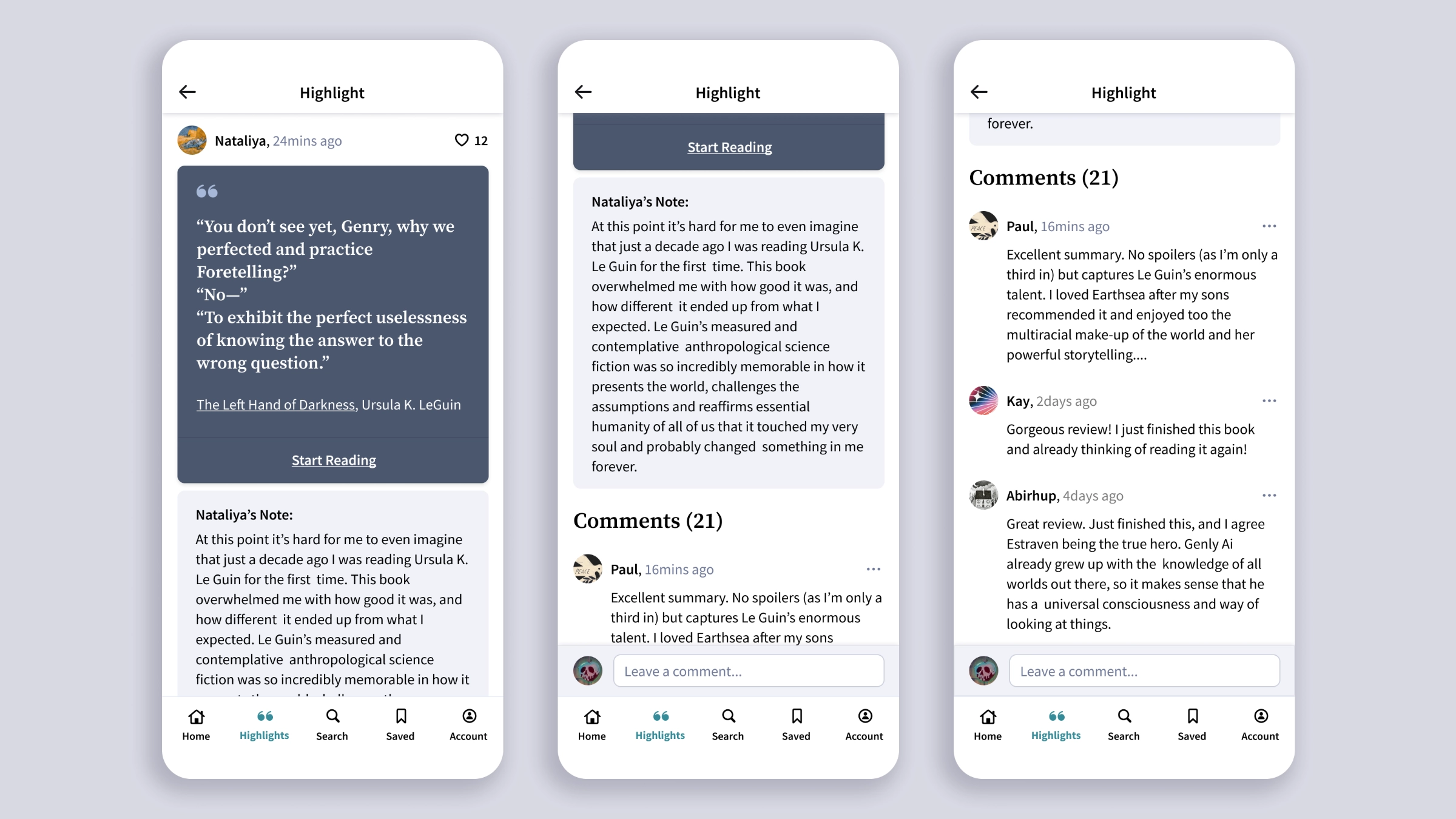 Three screens scrolling through a highlight's detail view, from the card with its personal note, to the full note and comments, to the comment field